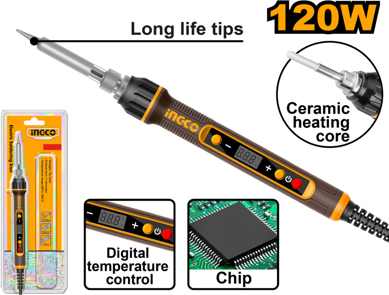 Image of INGCO 120 Watt Digital Temperature Control Setting Electric Soldering Iron 120 W Temperature Controlled (Pointed Tip)