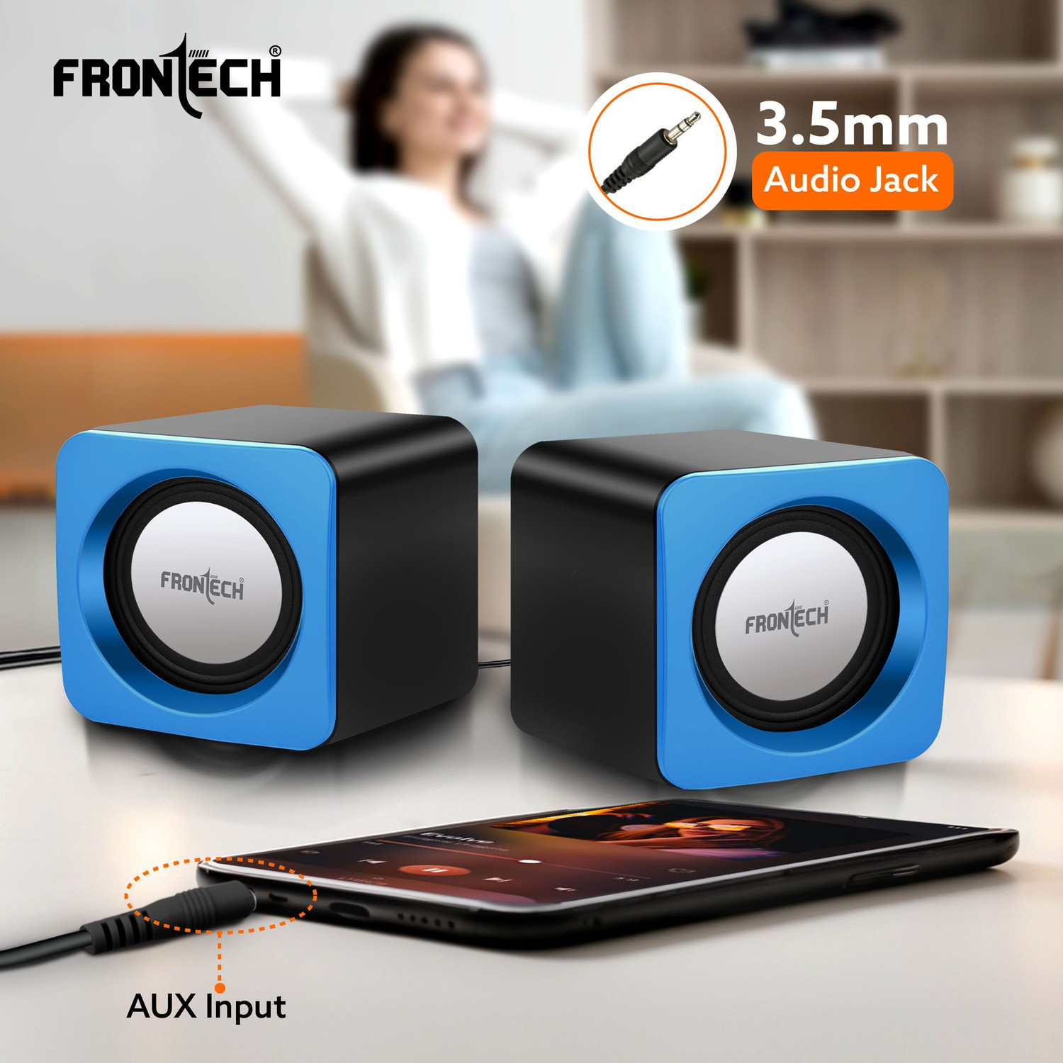 Image of Frontech 2.0 Multimedia Speakers with USB Power, AUX Connectivity & Volume Control 3 W Laptop /Desktop Speaker (Blue, 2.0 Channel)