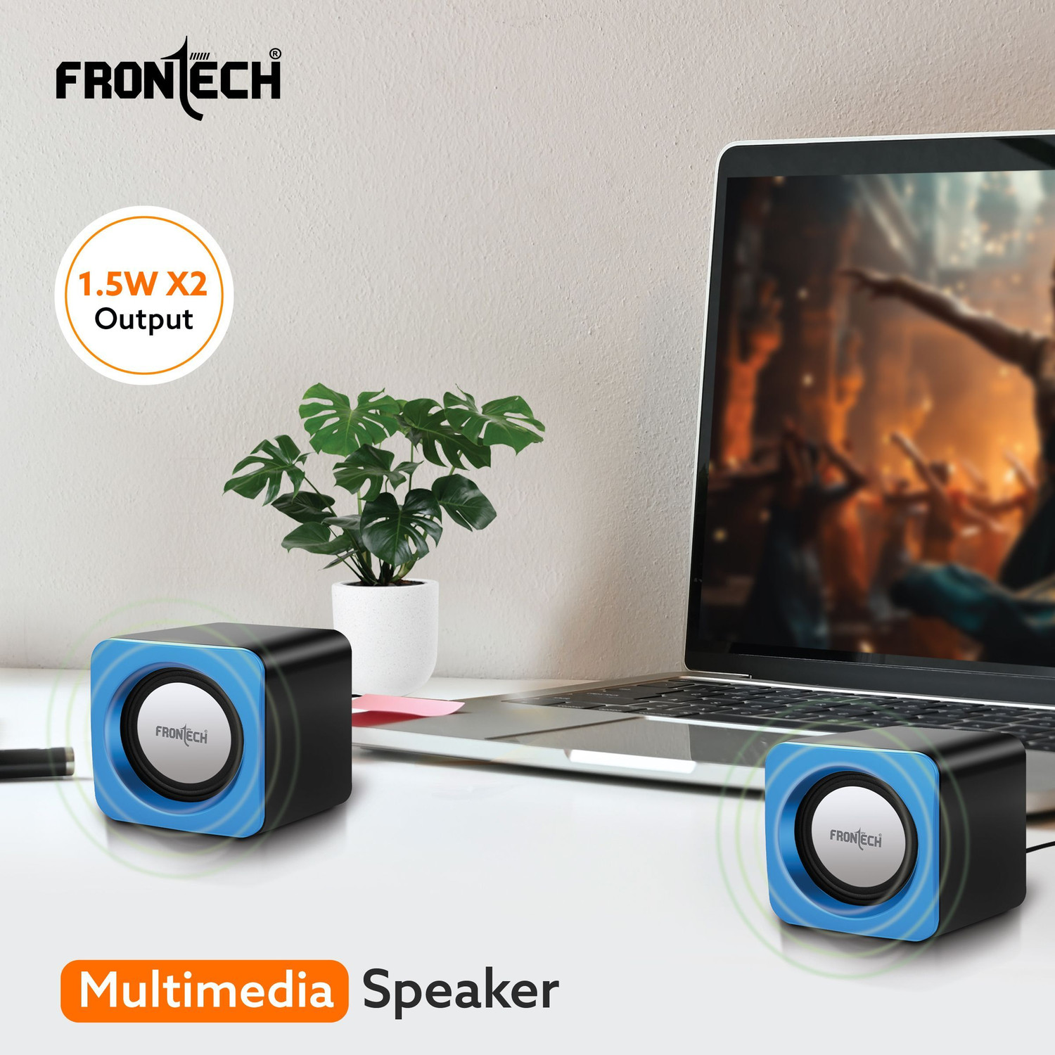 Image of Frontech 2.0 Multimedia Speakers with USB Power, AUX Connectivity & Volume Control 3 W Laptop /Desktop Speaker (Blue, 2.0 Channel)