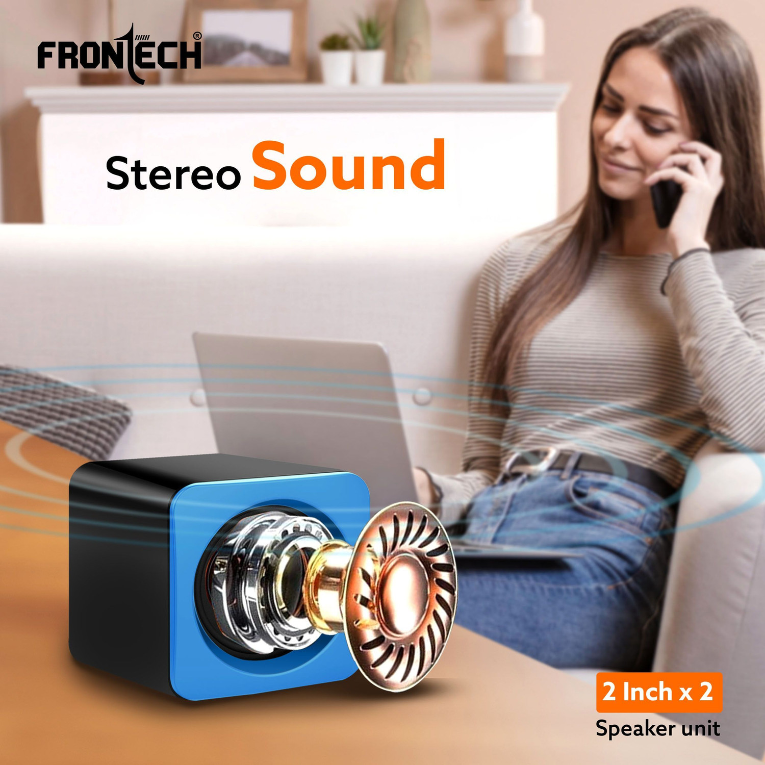 Image of Frontech 2.0 Multimedia Speakers with USB Power, AUX Connectivity & Volume Control 3 W Laptop /Desktop Speaker (Blue, 2.0 Channel)