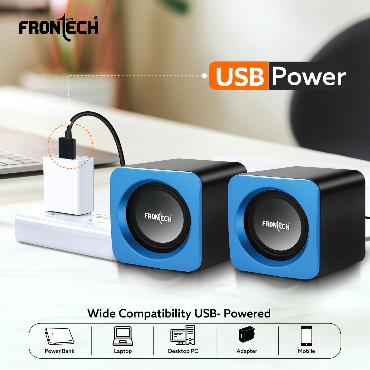 Image of Frontech 2.0 Multimedia Speakers with USB Power, AUX Connectivity & Volume Control 3 W Laptop /Desktop Speaker (Blue, 2.0 Channel)