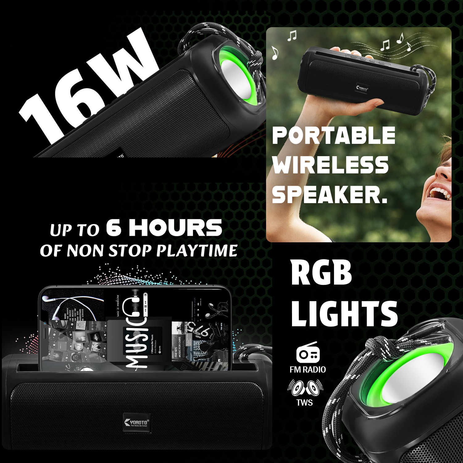 Image of YOROTO Stylish Wireless Speaker with Powerful Bass, Crystal Clear Audio 16 W Bluetooth Speaker (Black, 2.0 Channel)