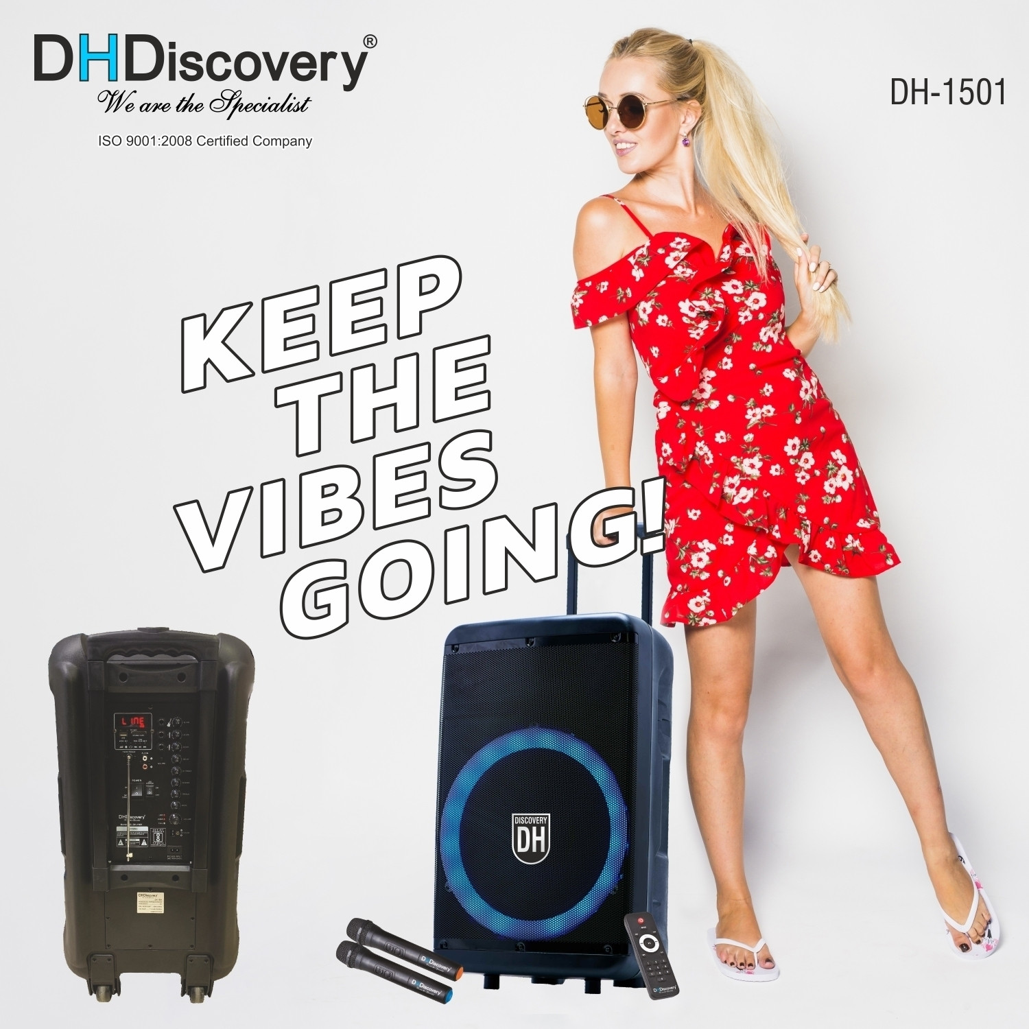 Image of DH Discovery DH-1501 9000W (2 Wireless Karaoke Mic, 6HRS Playtime, Guitar Input, RGB Light) 9000 W Bluetooth Party Speaker (Black, 2.0 Channel)