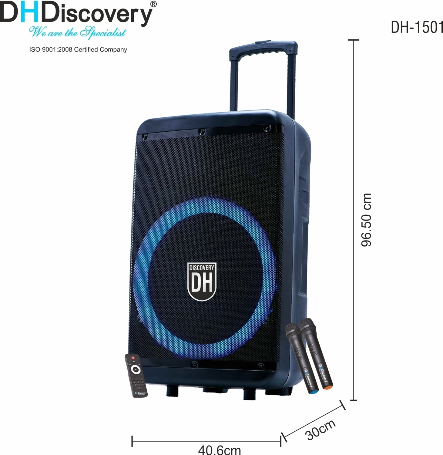 Image of DH Discovery DH-1501 9000W (2 Wireless Karaoke Mic, 6HRS Playtime, Guitar Input, RGB Light) 9000 W Bluetooth Party Speaker (Black, 2.0 Channel)