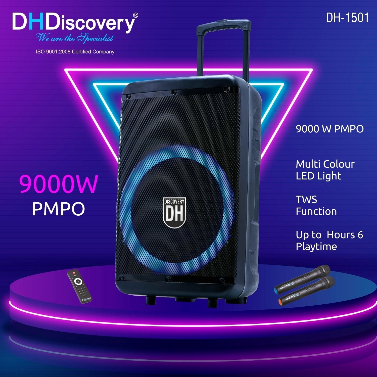 Image of DH Discovery DH-1501 9000W (2 Wireless Karaoke Mic, 6HRS Playtime, Guitar Input, RGB Light) 9000 W Bluetooth Party Speaker (Black, 2.0 Channel)