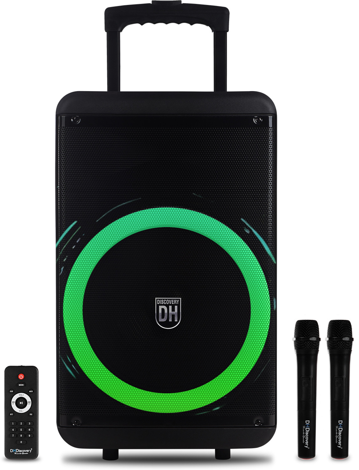 Image of DH Discovery DH-1501 9000W (2 Wireless Karaoke Mic, 6HRS Playtime, Guitar Input, RGB Light) 9000 W Bluetooth Party Speaker (Black, 2.0 Channel)