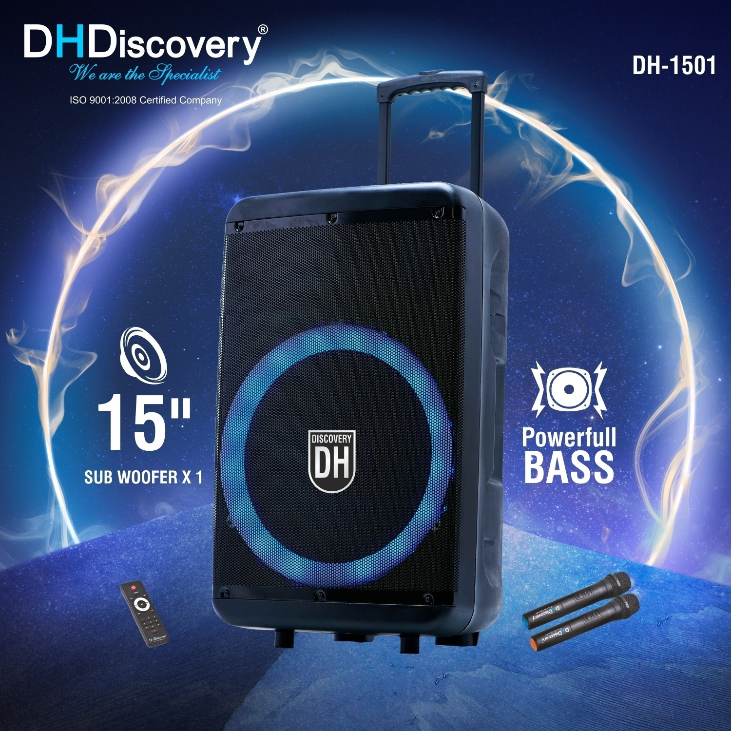 Image of DH Discovery DH-1501 9000W (2 Wireless Karaoke Mic, 6HRS Playtime, Guitar Input, RGB Light) 9000 W Bluetooth Party Speaker (Black, 2.0 Channel)