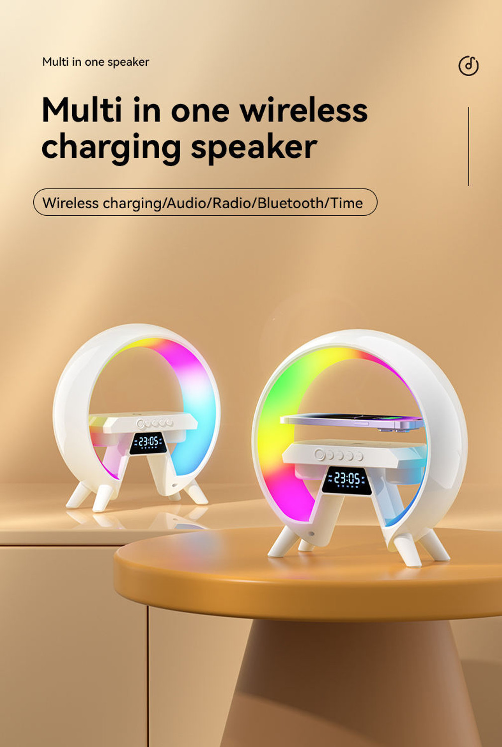 Image of Yurae Wireless Charging Digital Alarm Clock & Bluetooth Speaker with Google Assistant Smart Speaker (Multicolor)
