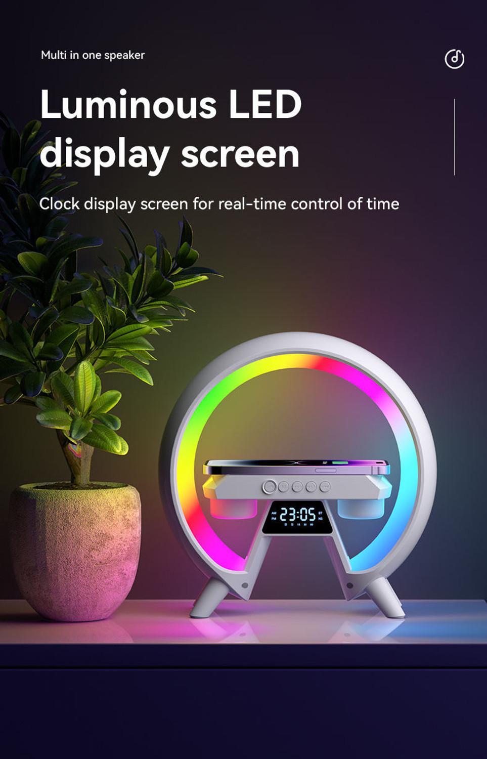 Image of Yurae Wireless Charging Digital Alarm Clock & Bluetooth Speaker with Google Assistant Smart Speaker (Multicolor)
