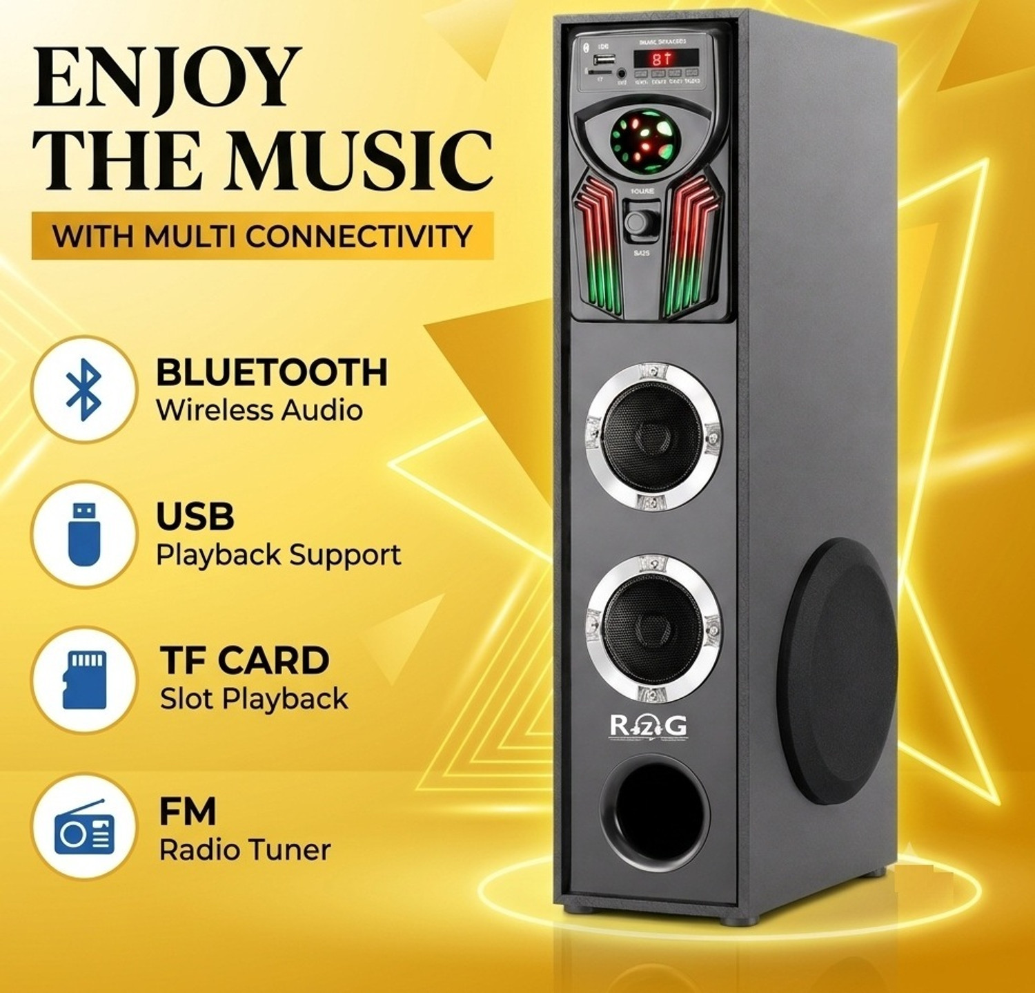 RZG Nitro-220 Pro DJ Tower Speaker 100W Bluetooth Black - Image 1