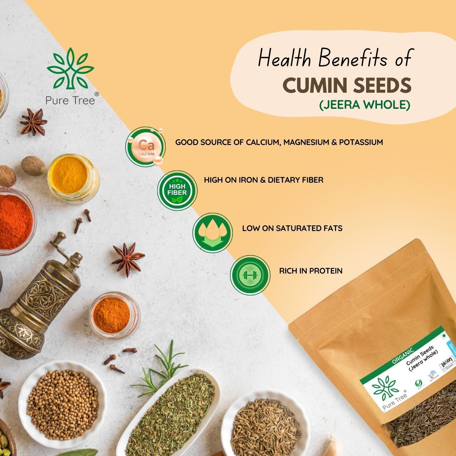 Image of Pure Tree Organic Cumin Seeds Whole Jeera 250 g in Each Brown Pouch (2 x 250 g)