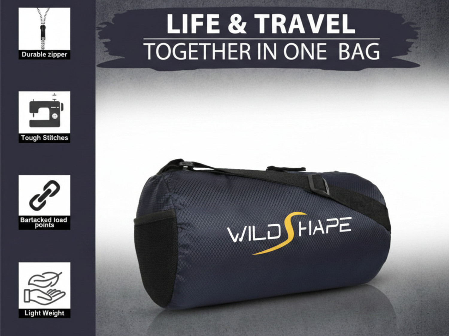 Image of WILD SHAPE Heavy Gym Bag with Bartacked Load Points & Tough Stitches - Lightweight Duffle (Black, Kit Bag)