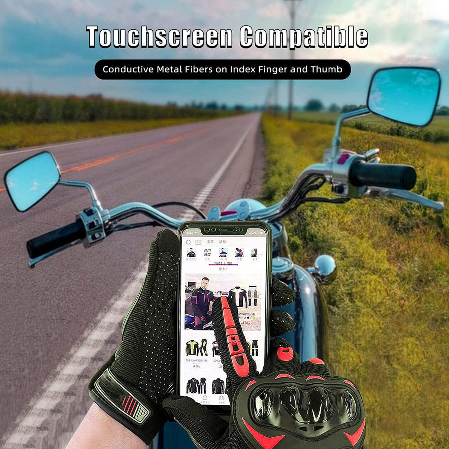 Image of aksmit Best Full Finger Motorcycle Rider Gloves Touchscreen Breathable Anti-Slip Red Riding Gloves (Red)