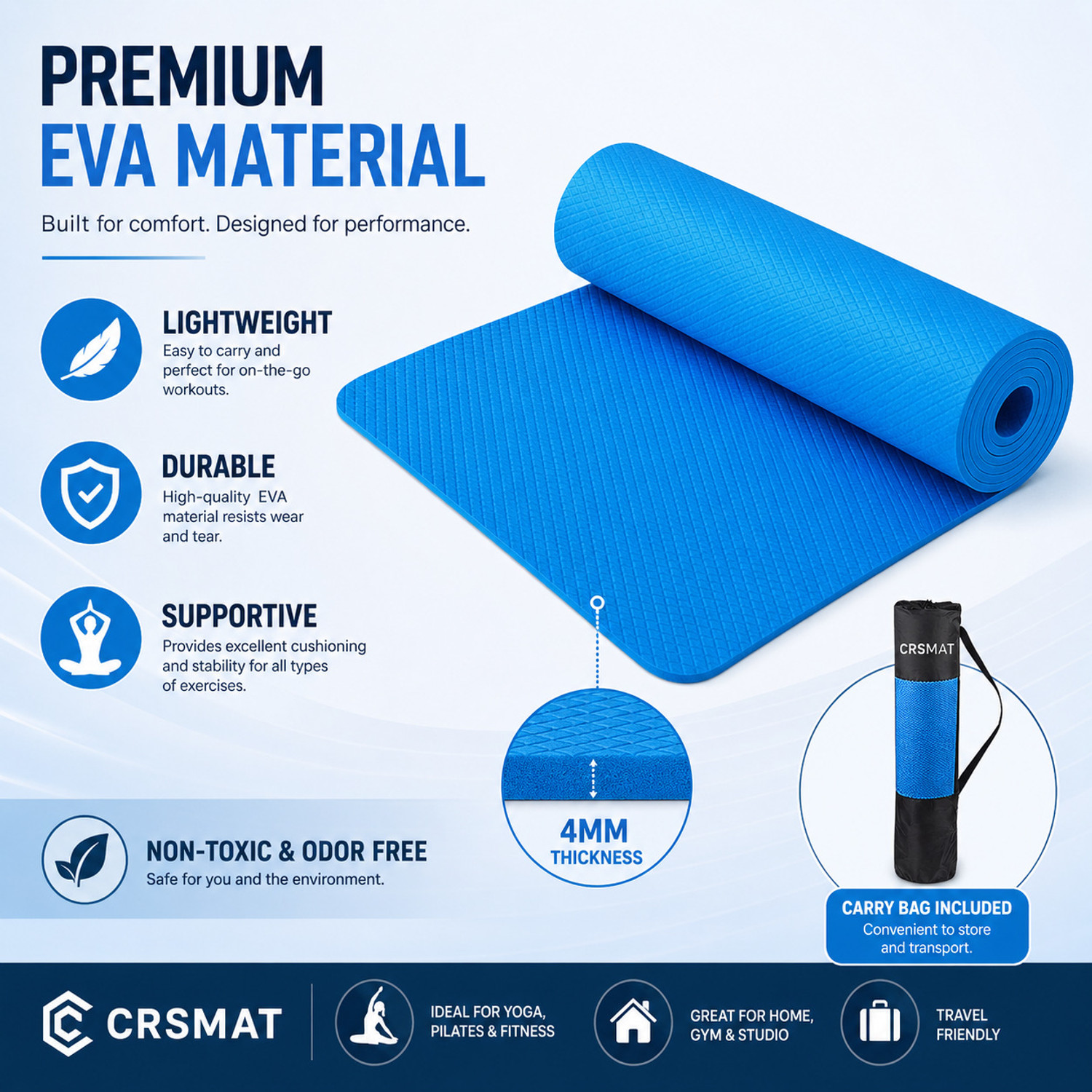 Image of CRSMAT Yoga Mat with Carry Bag for Men | Anti-Skid EVA Exercise Fitness Mat for Home Blue 4 mm Yoga Mat