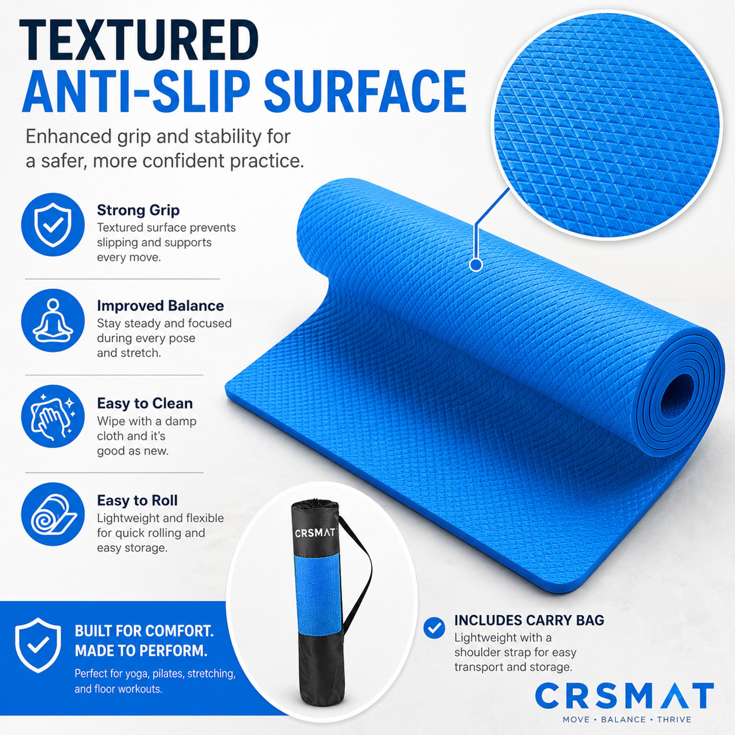 Image of CRSMAT Yoga Mat with Carry Bag for Men | Anti-Skid EVA Exercise Fitness Mat for Home Blue 4 mm Yoga Mat
