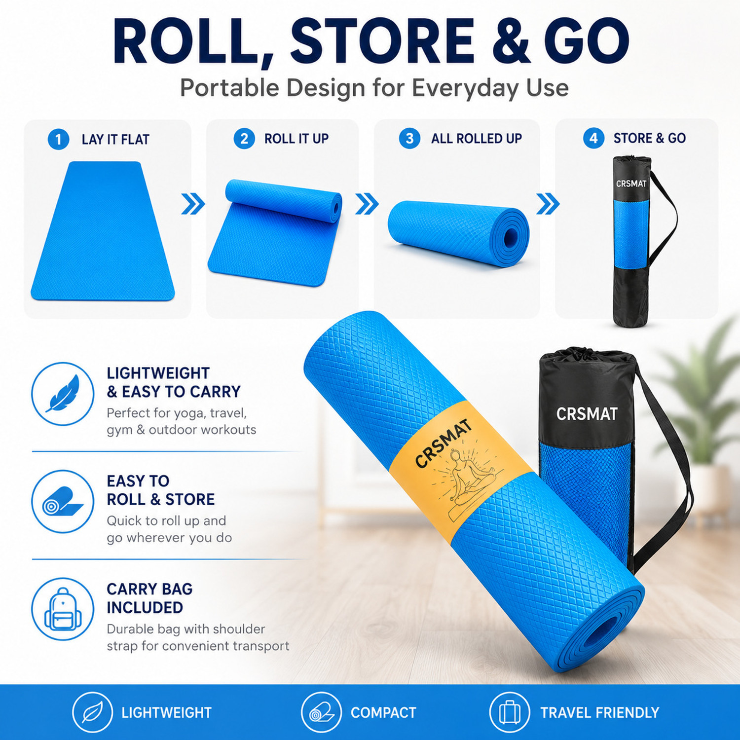 Image of CRSMAT Yoga Mat with Carry Bag for Men | Anti-Skid EVA Exercise Fitness Mat for Home Blue 4 mm Yoga Mat