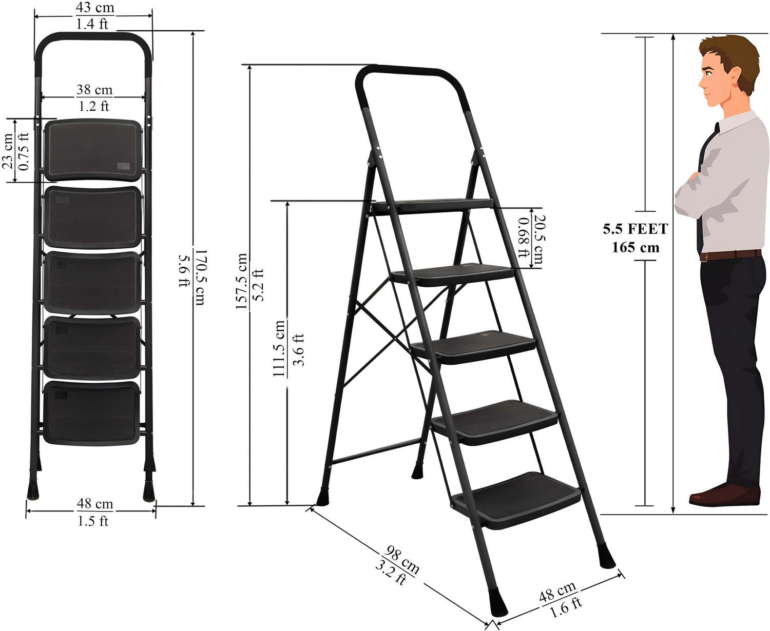 Image of Plantex Ladder for Home /Foldable Strong Wide Ladder /Anti- Skid 5 Step Ladder(Black&Grey) Steel Ladder (With Platform)