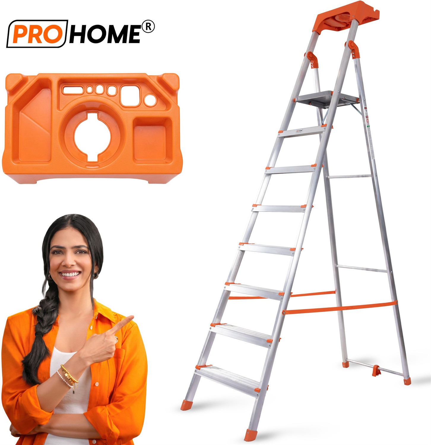 ProHome 8 step Tray Ladder for Household use, Kitchen Boss, Metal Frame Anti Skid Step Aluminium Ladder