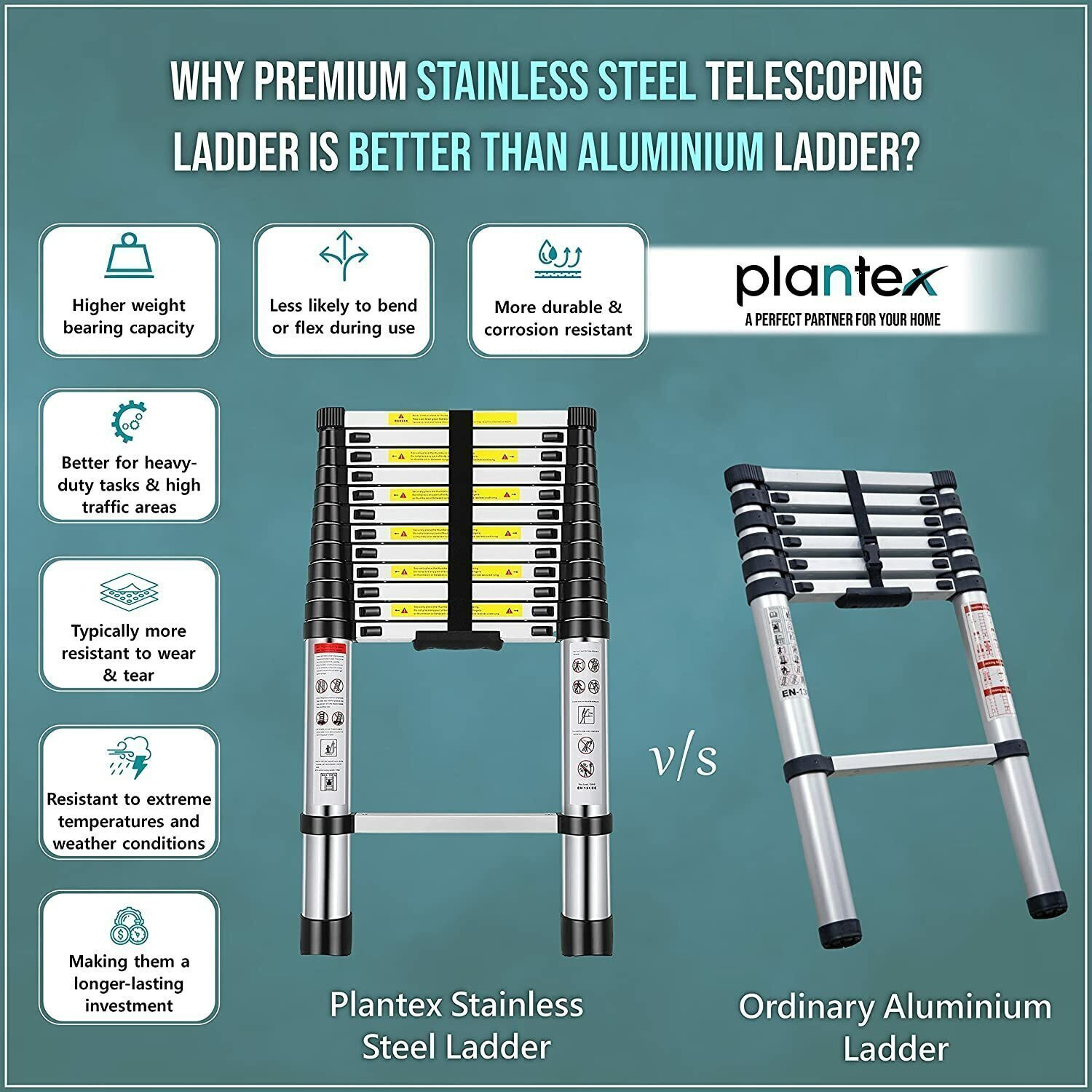 Image of Plantex Ladder for Home (3.2 m /10.5 Feet) Stainless Steel Telescopic Ladder (EN131) Steel Ladder