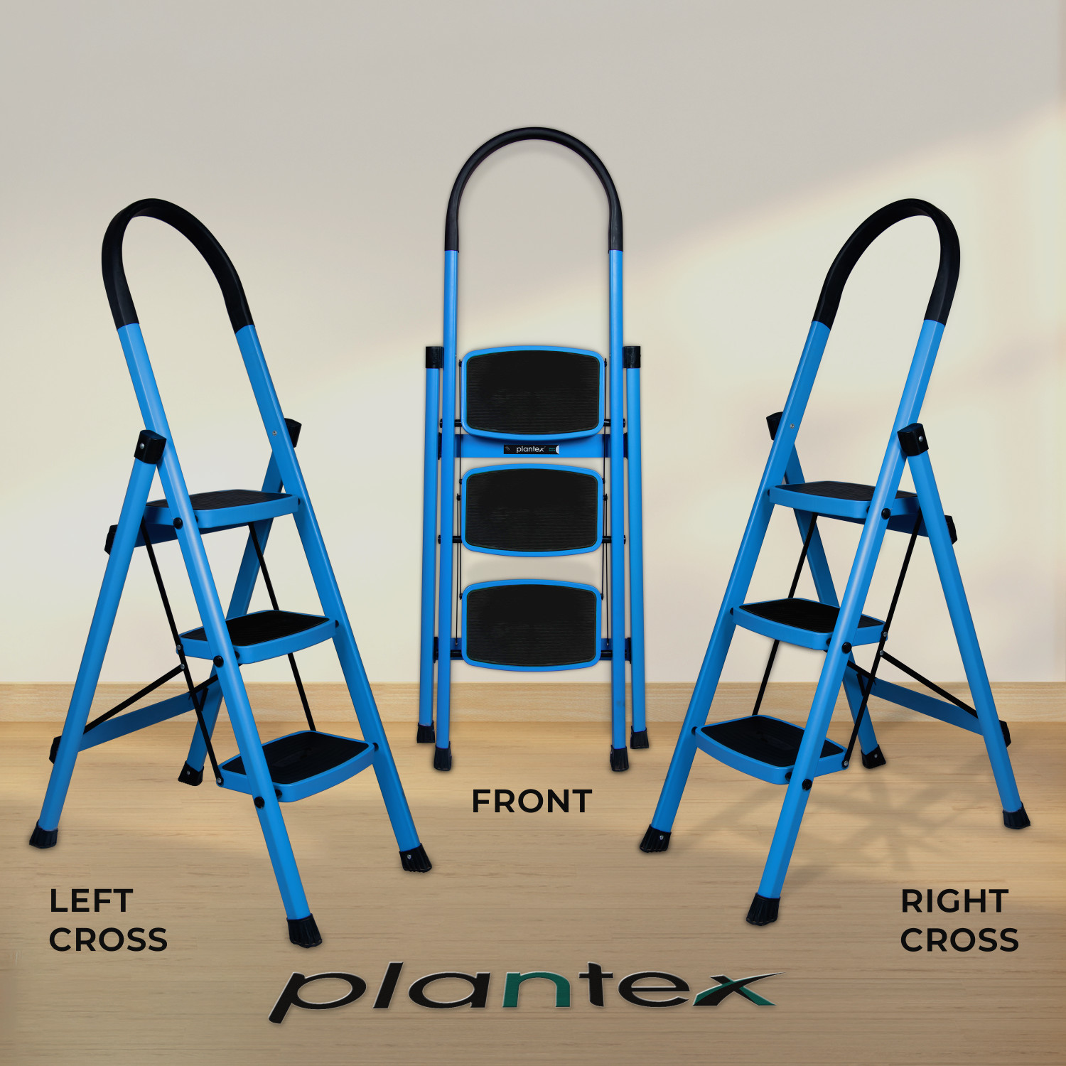 Image of Impulse by Plantex Premium 3 Step Folding Ladder for Home /Wide Anti-Skid Step Ladder (Blue / Black) Steel Ladder (With Platform)