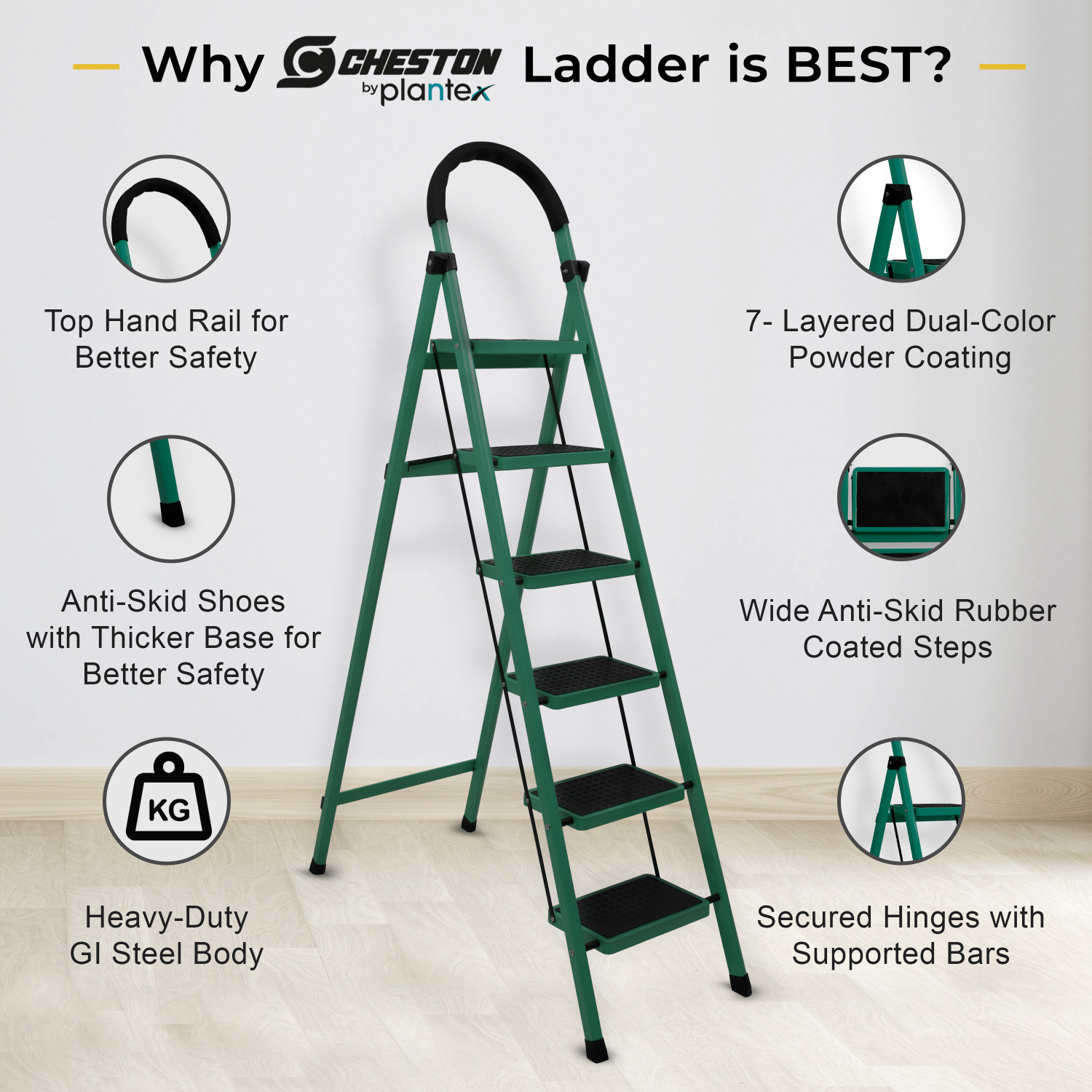 Image of Plantex Cheston Foldable 6-Step Ladder for Home Wide Anti Slip Step Ladder(Green& Black) Steel Ladder (With Platform)