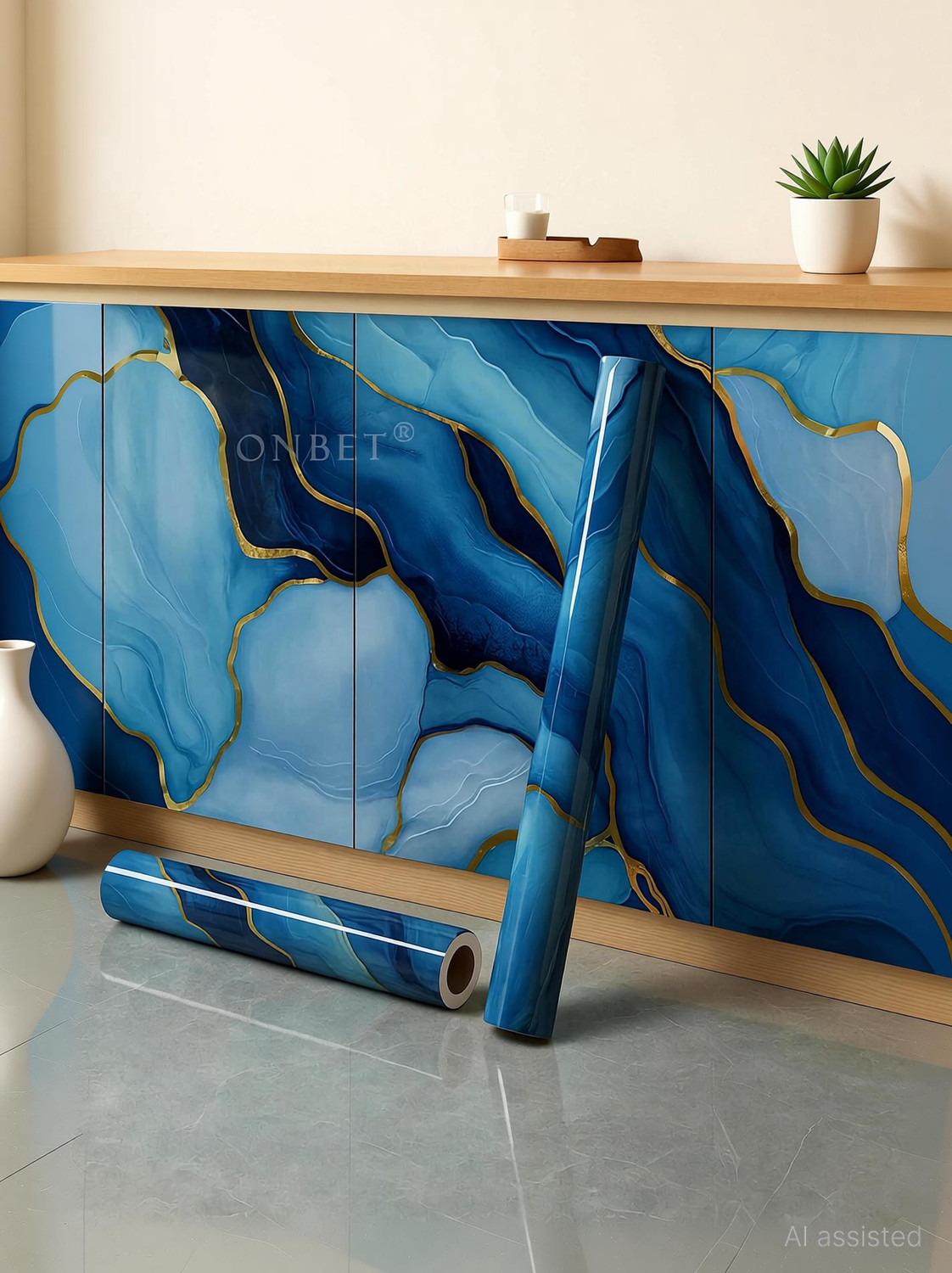 Image of Onbet 200 cm Self Adhesive Blue Glossy Marble Foil Waterproof Sticker For Kitchen And Home Self Adhesive Sticker (Pack of 3)