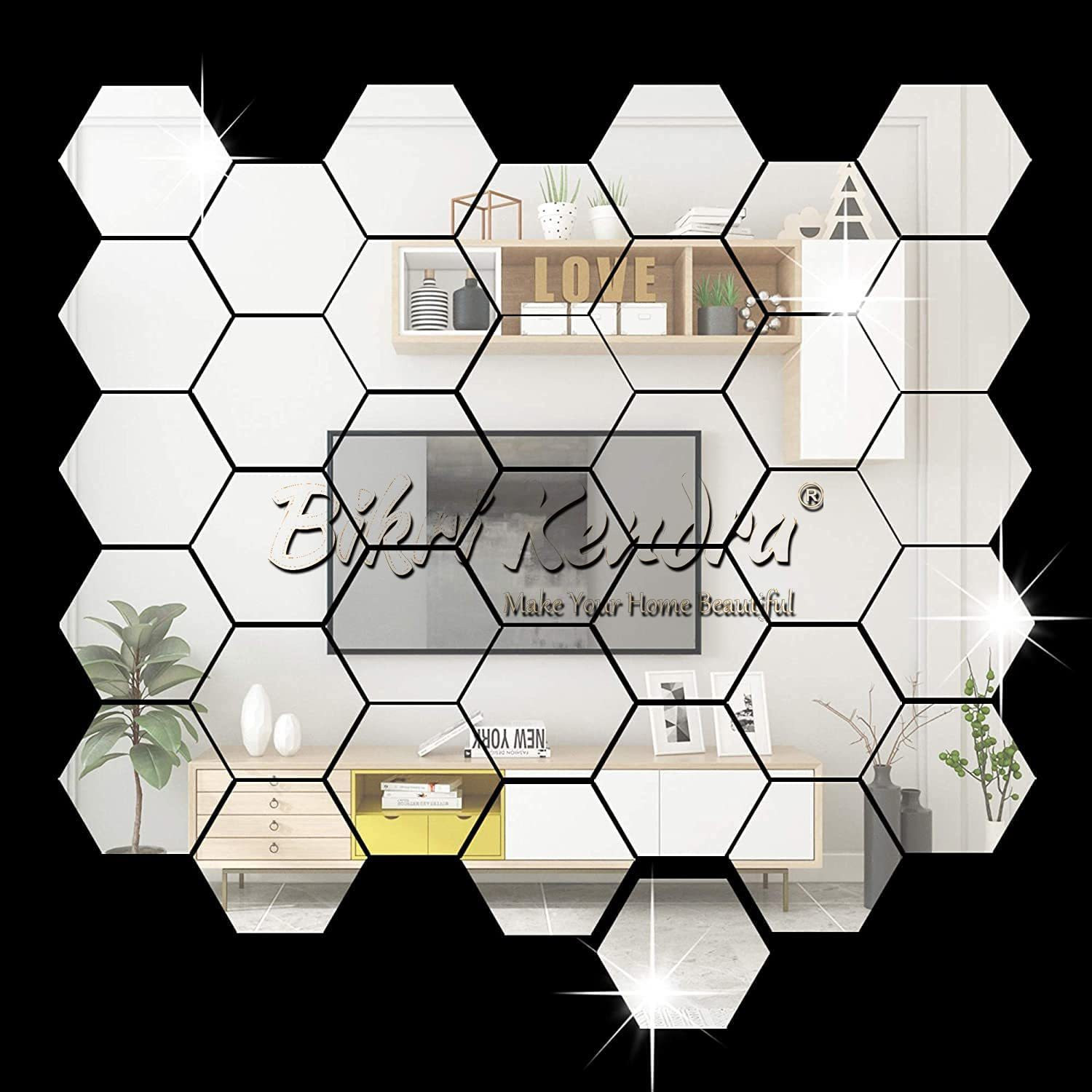 Mirror 12 cm Hexagon 32 Butterfly Silver 3D Stickers - Image 1