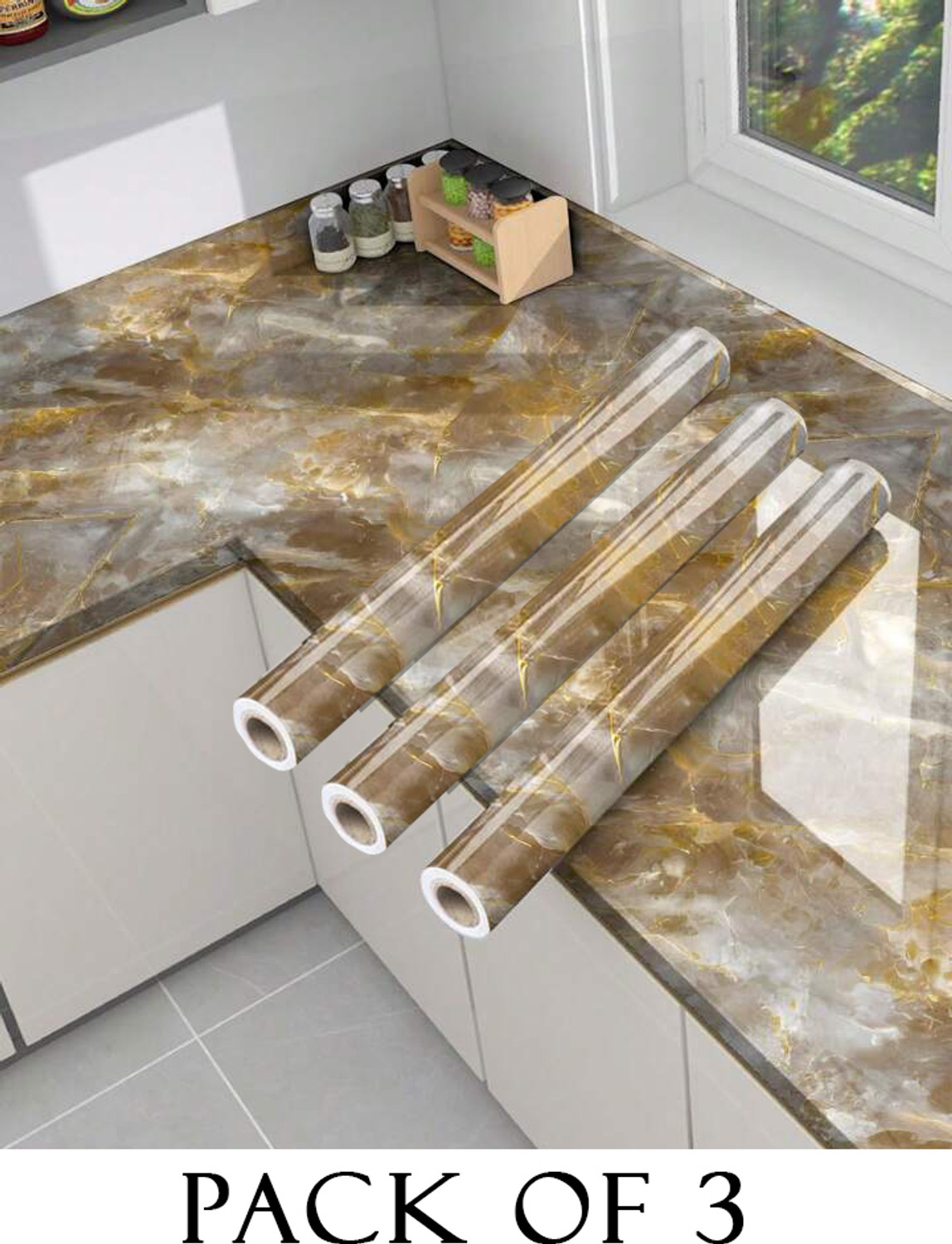 Image of Onbet 200 cm Self Adhesive Glossy Marble Foil Waterproof Sticker For Kitchen And Home Self Adhesive Sticker (Pack of 3)