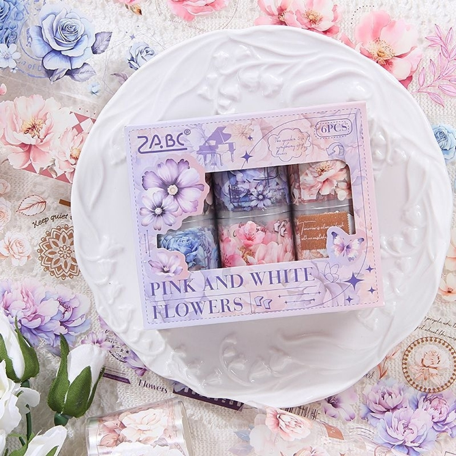 Giftiquecrafts 2 inch Pink White Floral Washi Tape Set - Image 1