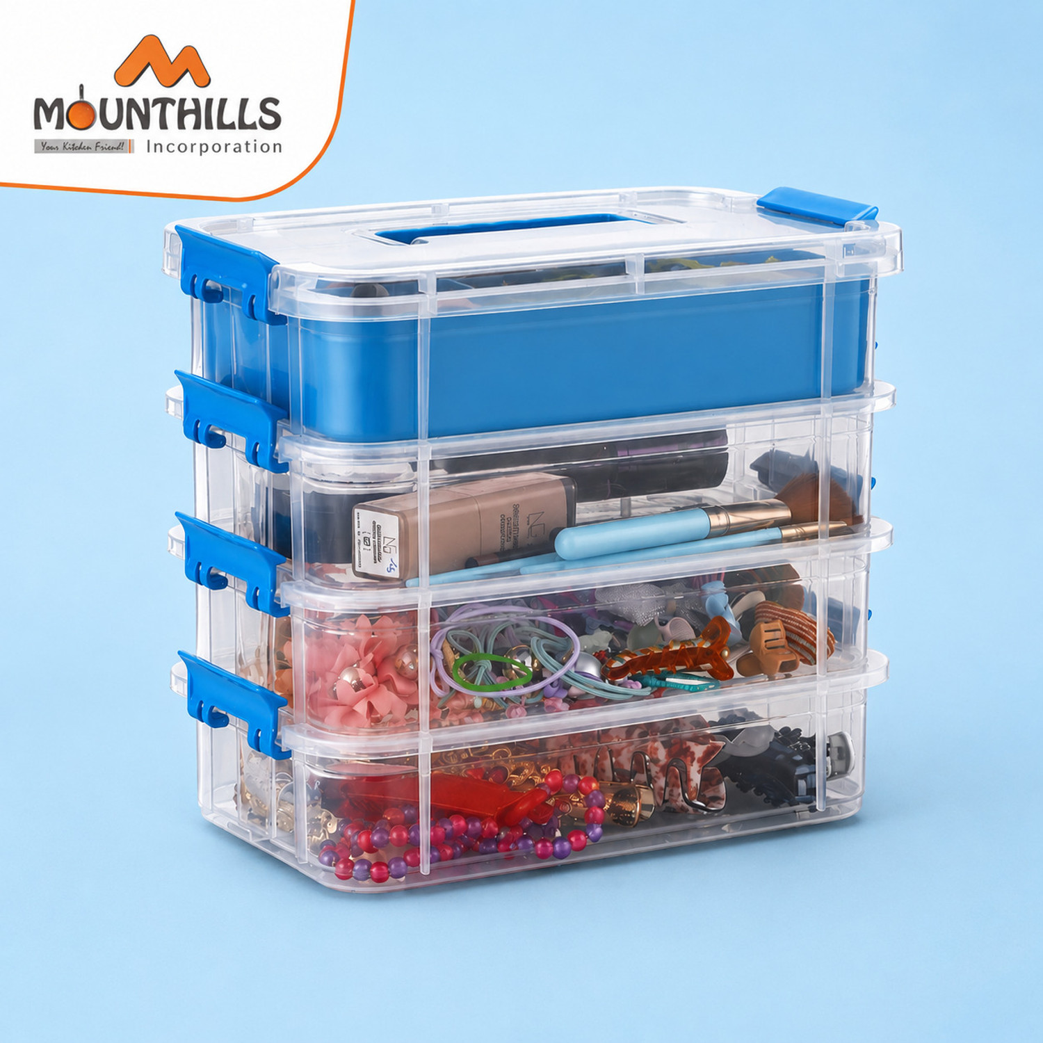 Image of JOYO Plastics Scottish 6 Pcs Container With 1 Basket Pack of 7 Pcs Storage Box (Blue)