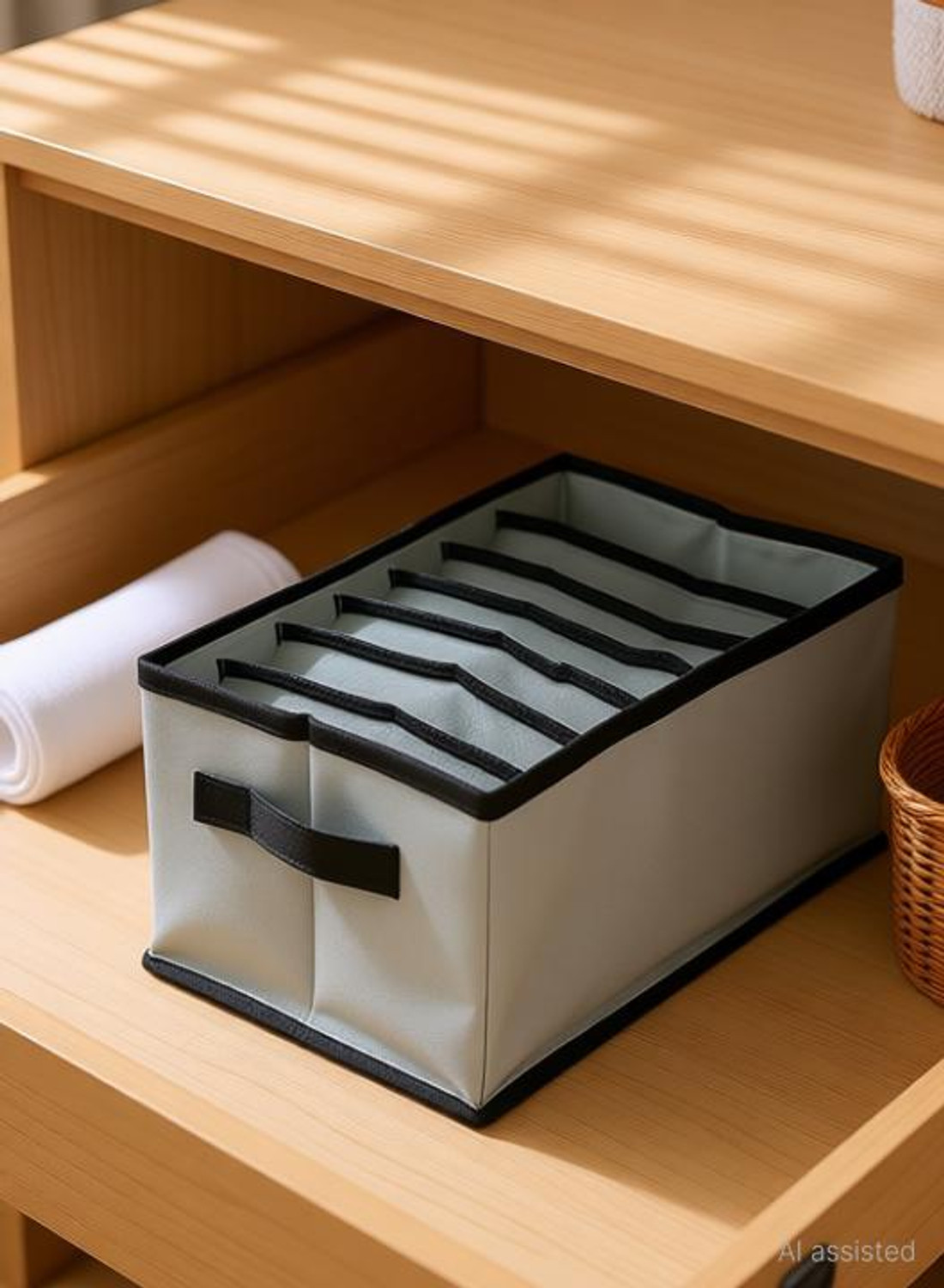 Image of Mteaser Foldable Drawer Rectangular Storage Basket with Lid & Handle Closet Organizer| Storage Box (Grey)