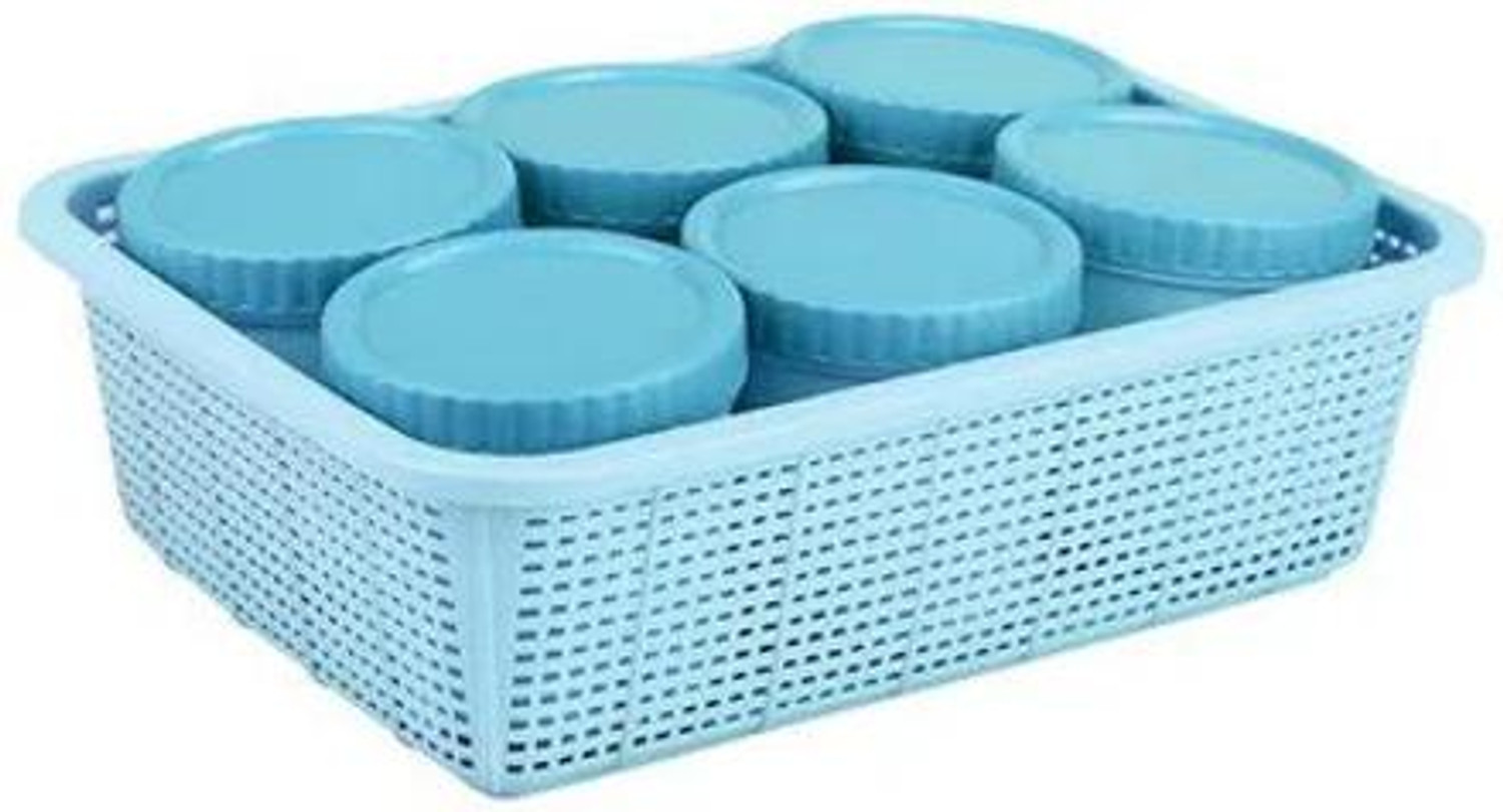 Image of JOYO Plastics Scottish 6 Pcs Container With 1 Basket Pack of 7 Pcs Storage Box (Blue)
