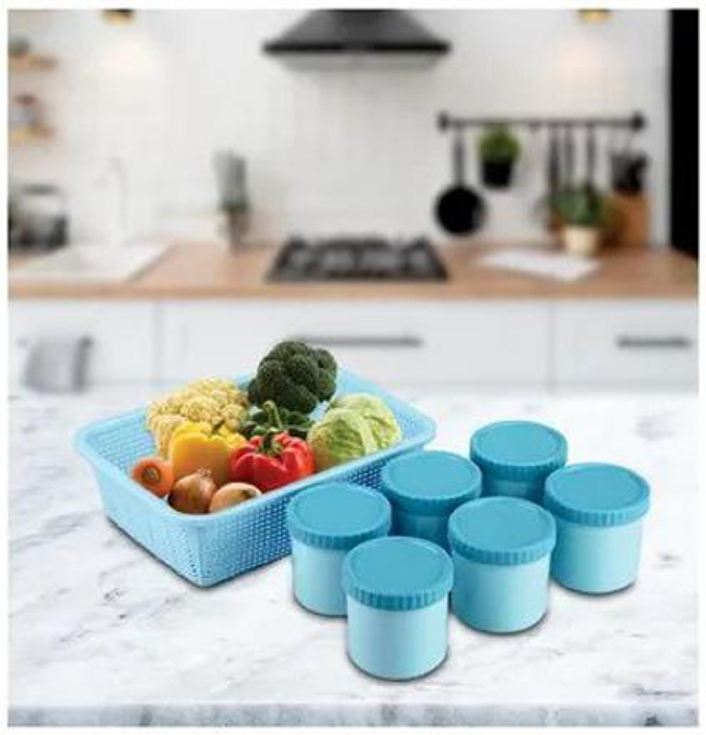Image of JOYO Plastics Scottish 6 Pcs Container With 1 Basket Pack of 7 Pcs Storage Box (Blue)