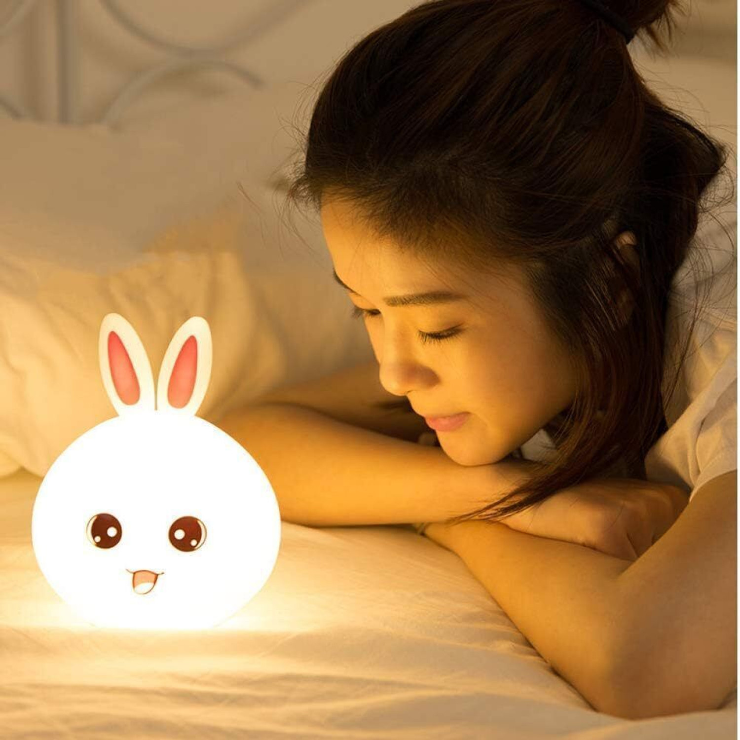 Image of FINIFAB CUTE Rabbit Bunny Night Light for Kids,Nursery 7-Color Changing Lamp - 16 mm (White)