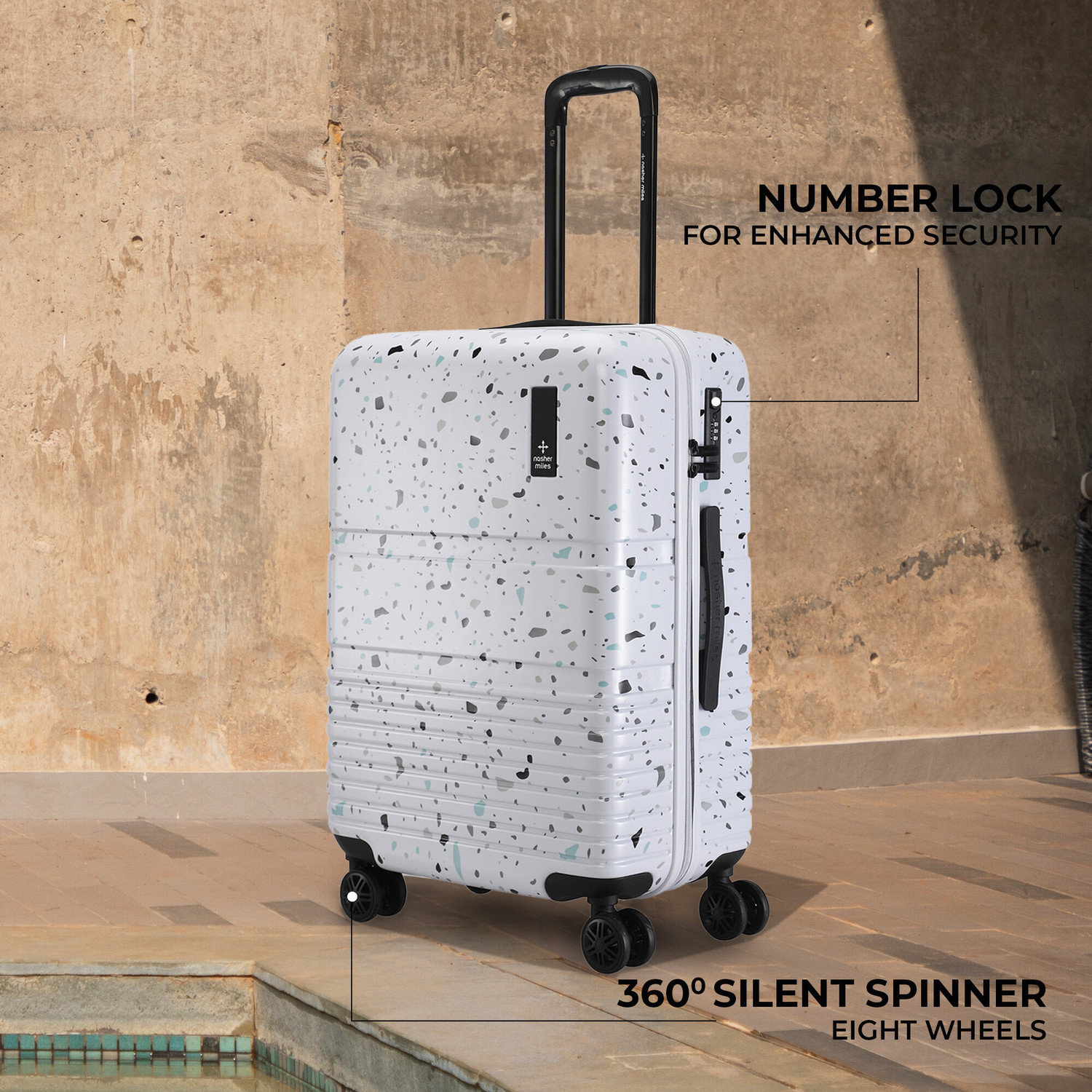 Image of NASHER MILES Hard Body Set of 2 Luggage 8 Wheels - Venice Hard-Side Polycarbonate Printed Terrazzo Black Trolley Bag(55&65cm) - Black