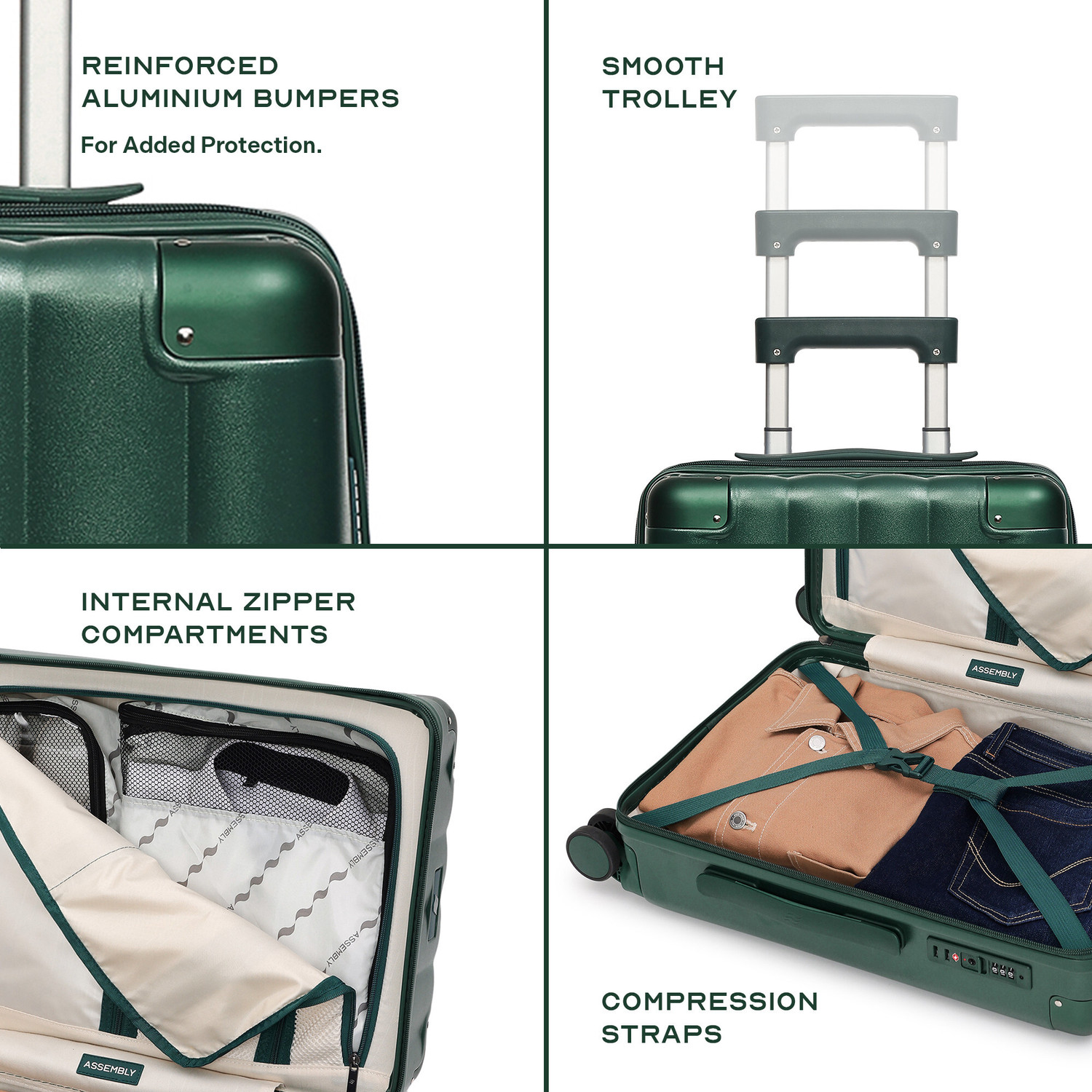 Image of Assembly Small Cabin Suitcase (55 cm) 8 Wheels - Premium Polycarbonate Hardsided luggage 20 inch and TSA Lock for Flights Travel - Green