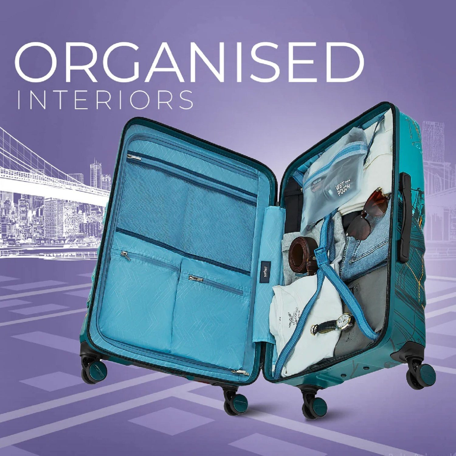 Image of SAFARI Medium Cabin Suitcase (65 cm) 8 Wheels - Brooklyn Printed Suitcse with TSA Lock - Teal