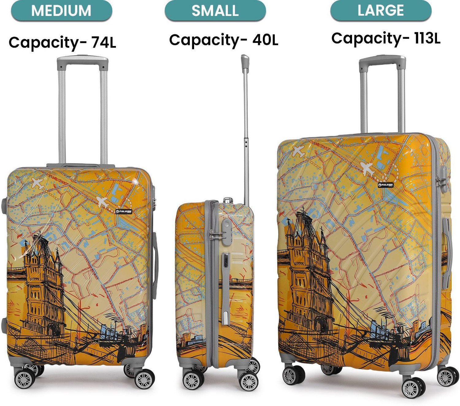 Image of FALKON Hard Body Set of 3 Luggage 8 Wheels - LONDON BRIDGE Polycarbonate 8 Double Wheels, Set of 3 - Yellow