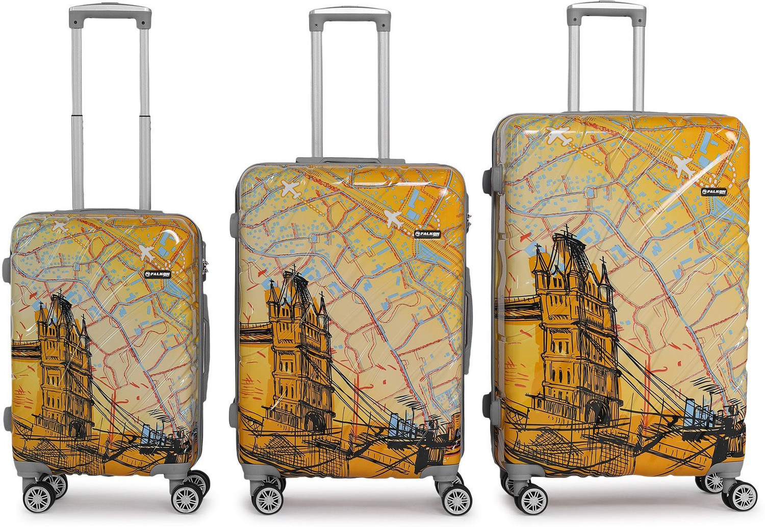 Image of FALKON Hard Body Set of 3 Luggage 8 Wheels - LONDON BRIDGE Polycarbonate 8 Double Wheels, Set of 3 - Yellow