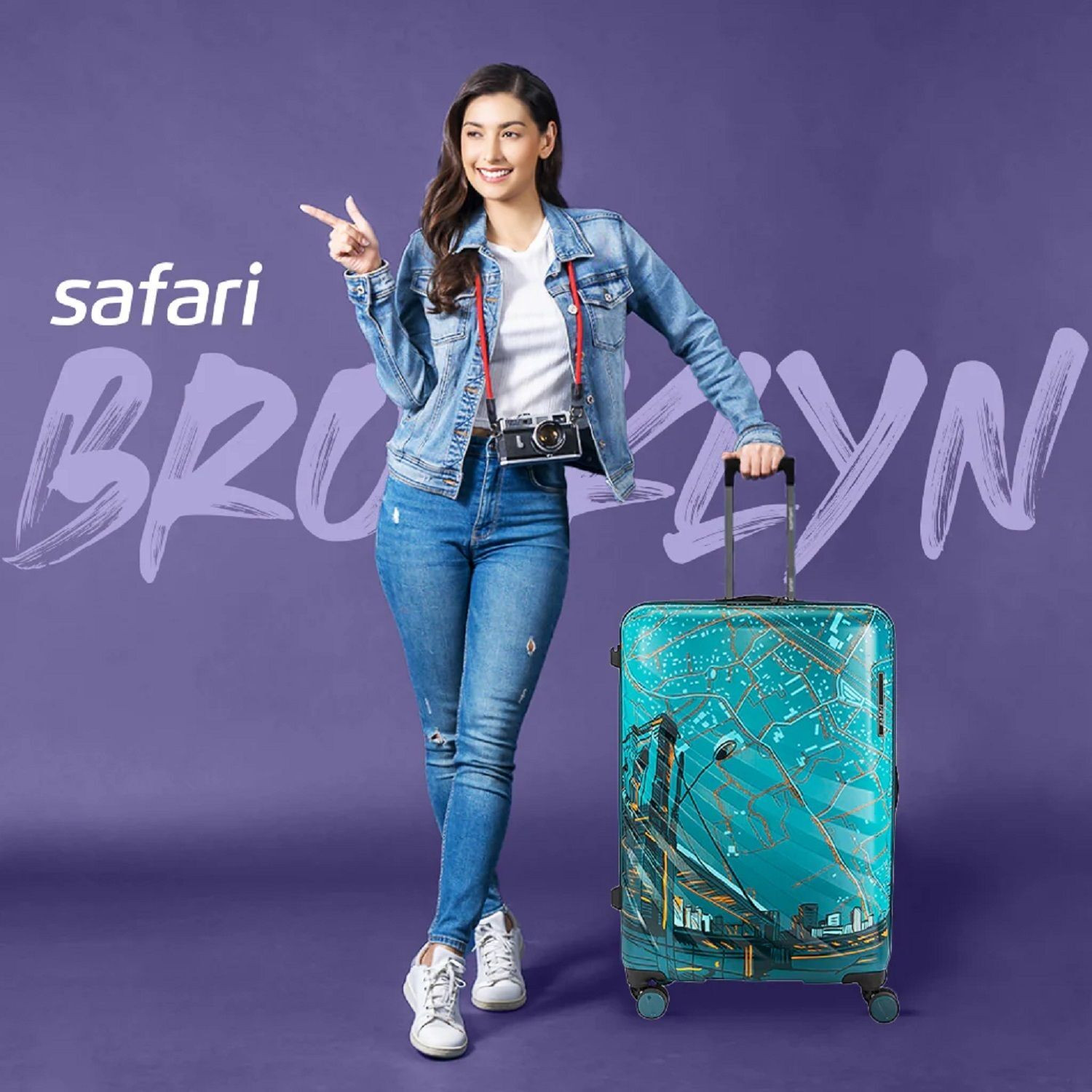 Image of SAFARI Medium Cabin Suitcase (65 cm) 8 Wheels - Brooklyn Printed Suitcse with TSA Lock - Teal
