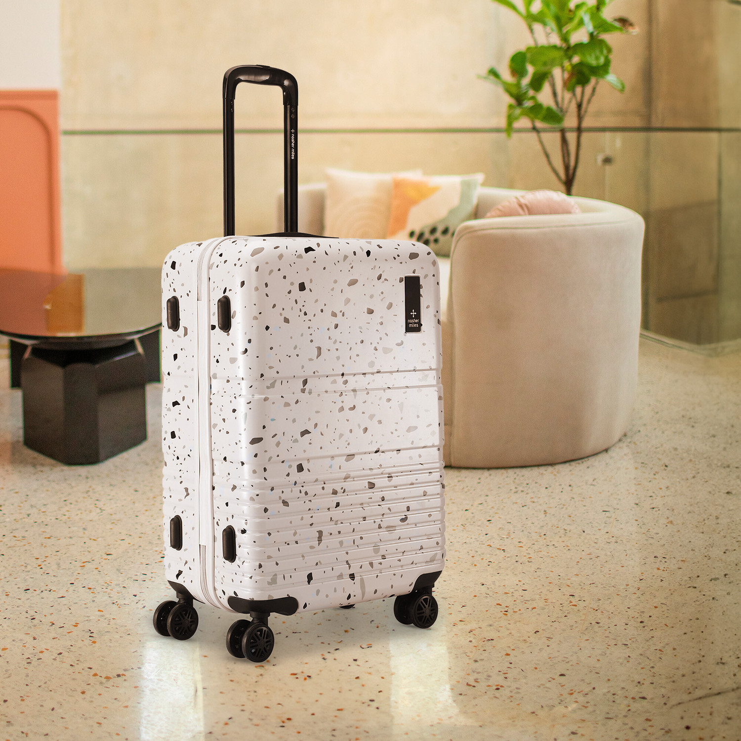 Image of NASHER MILES Hard Body Set of 2 Luggage 8 Wheels - Venice Hard-Side Polycarbonate Printed Terrazzo Black Trolley Bag(55&65cm) - Black