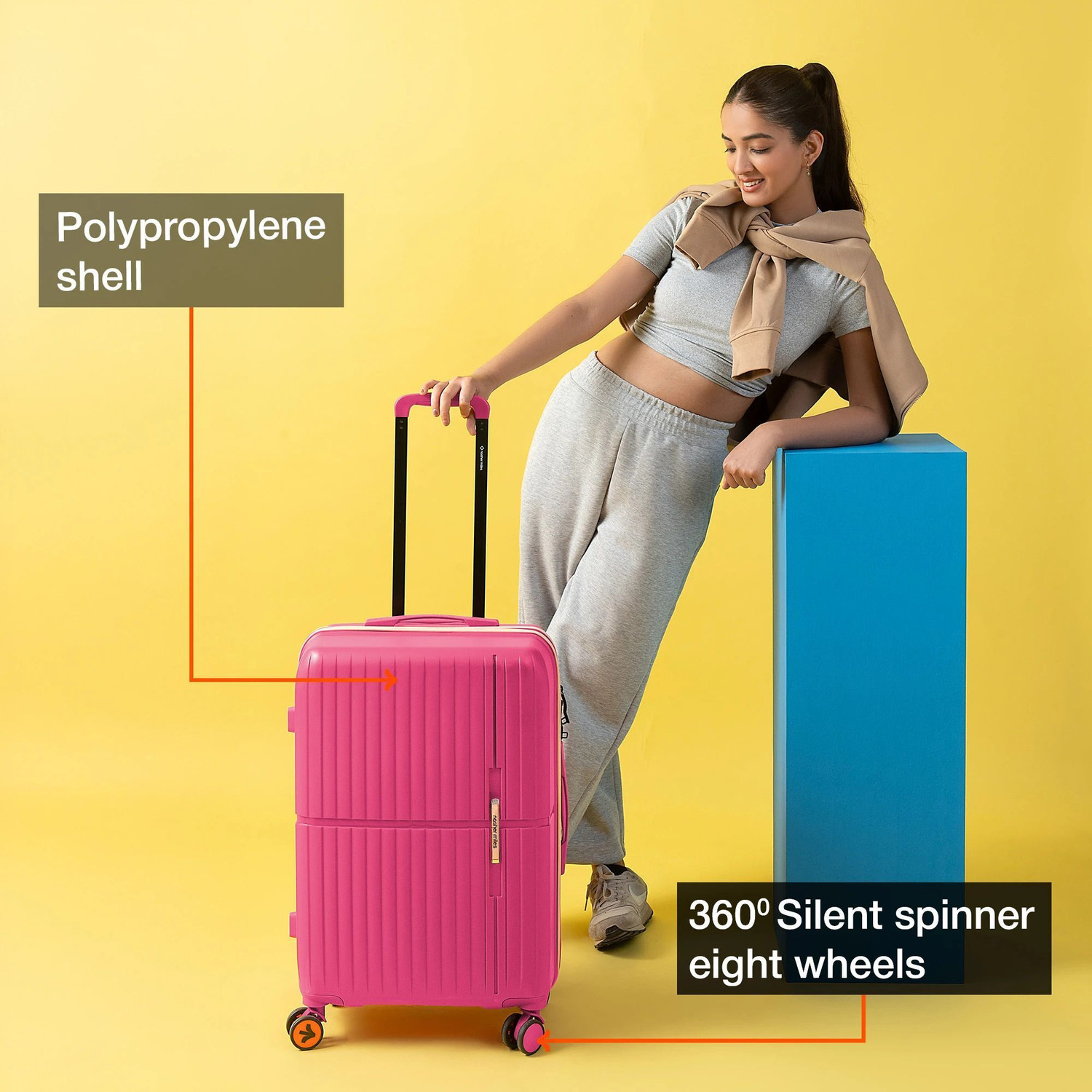 Image of NASHER MILES Hard Body Set of 3 Luggage 8 Wheels - Springfield HardSide Polypropylene Luggage 3 Pink Trolley Bag(55,65&75cm) - Pink