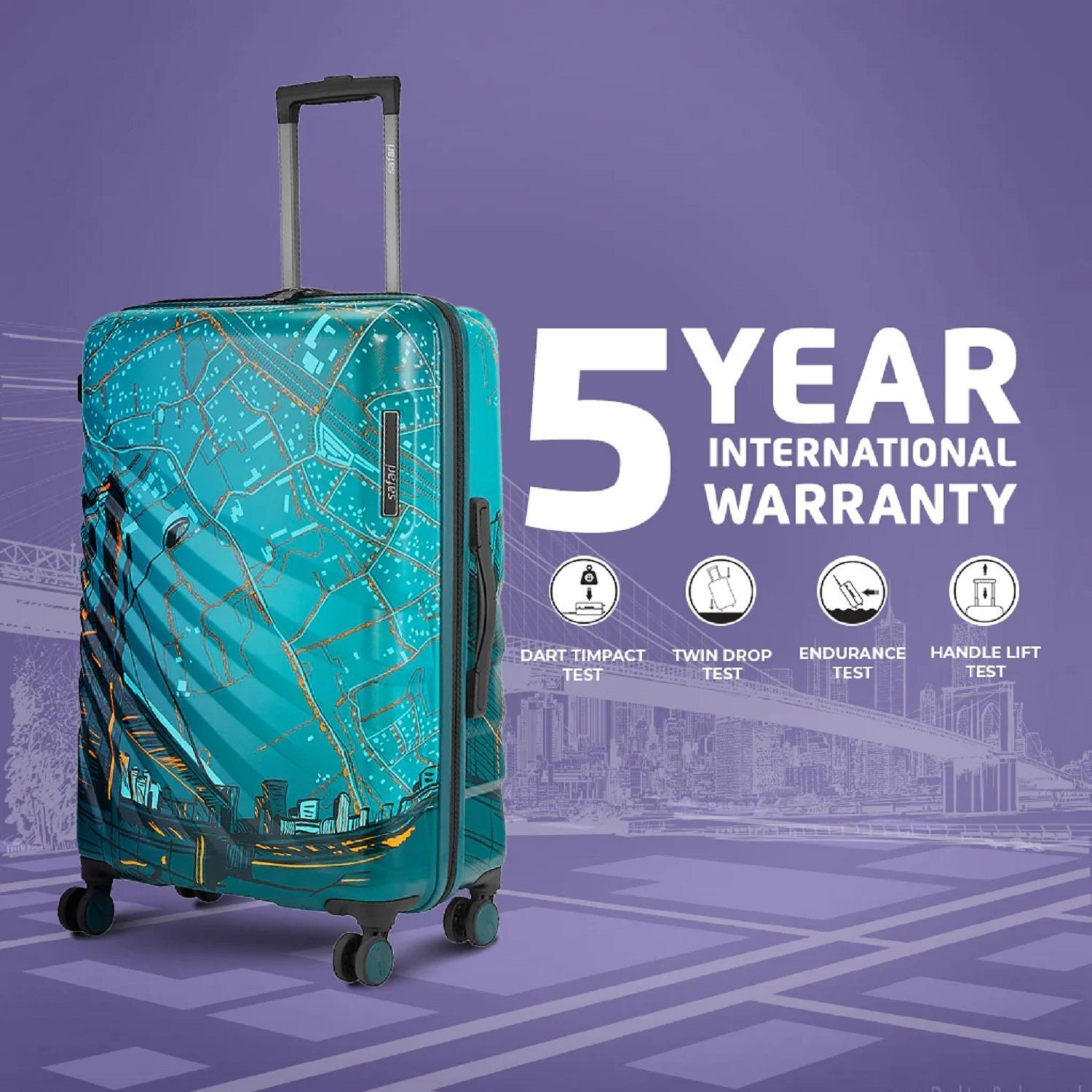 Image of SAFARI Medium Cabin Suitcase (65 cm) 8 Wheels - Brooklyn Printed Suitcse with TSA Lock - Teal