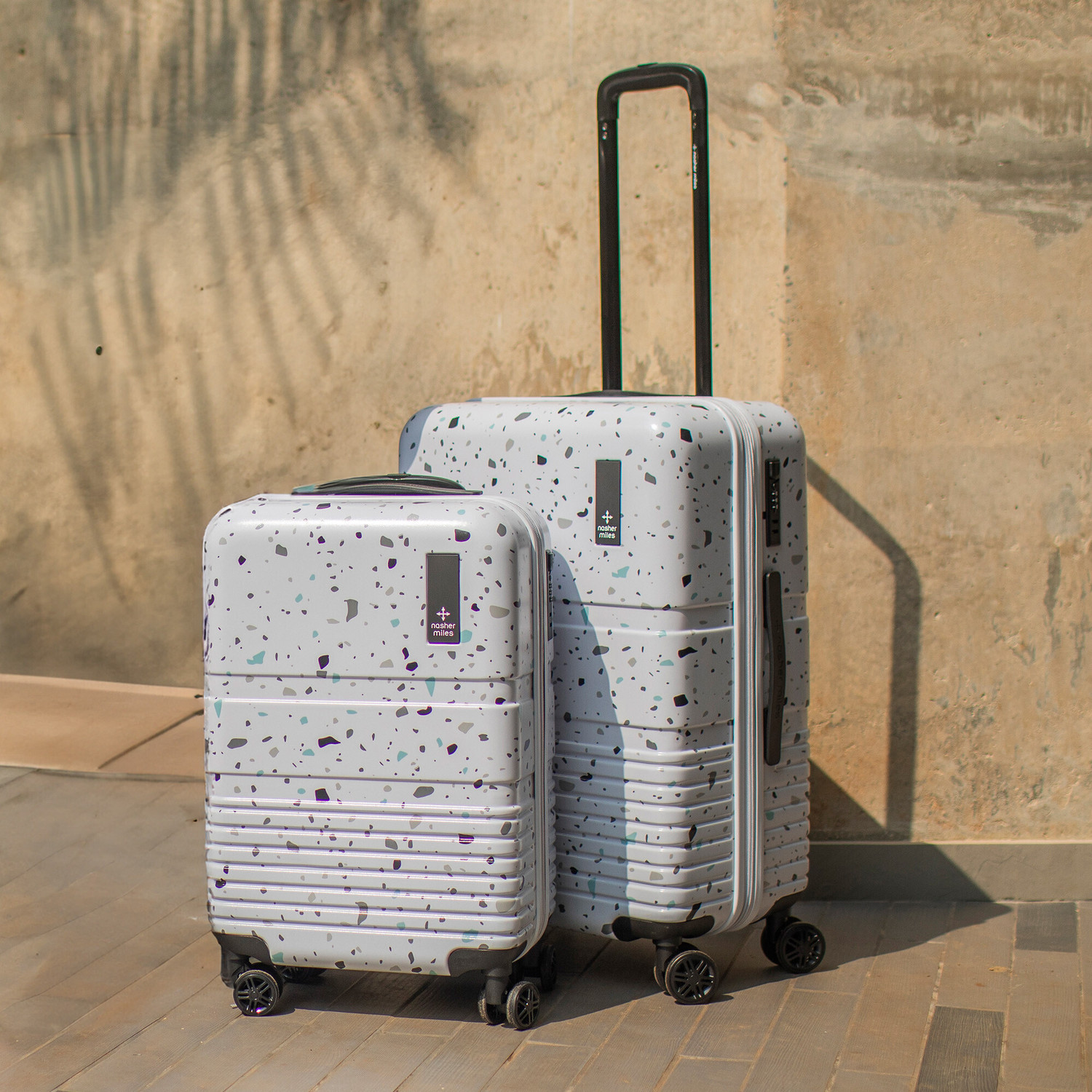 Image of NASHER MILES Hard Body Set of 2 Luggage 8 Wheels - Venice Hard-Side Polycarbonate Printed Terrazzo Black Trolley Bag(55&65cm) - Black