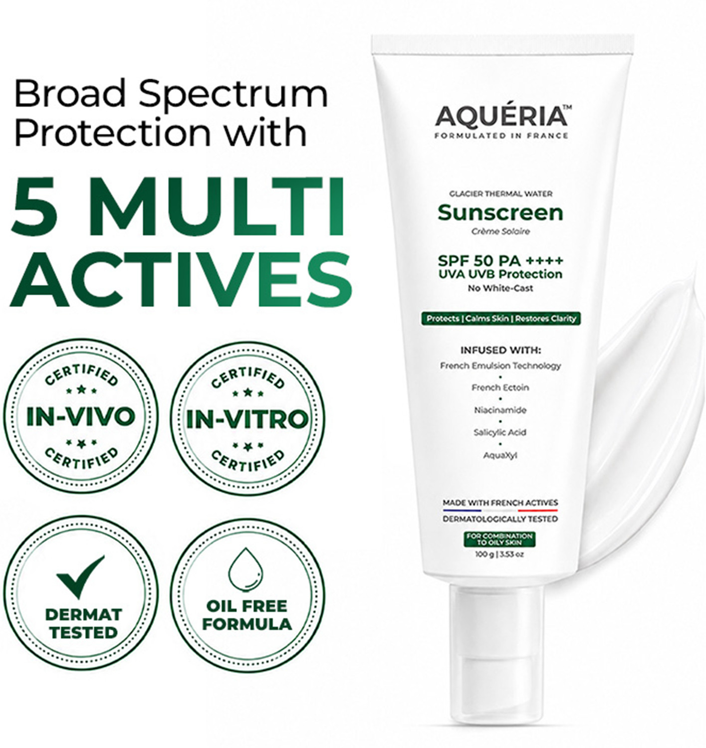 Image of Aqueria Sunscreen - SPF 50 PA++++ Oil Control Brightening French Multi-Active SPF | 2% Niacinamide, Salicylic Acid (50 g)