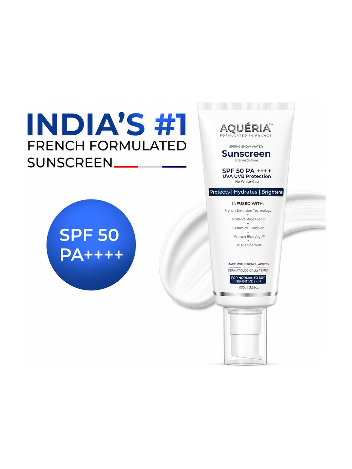 Image of Aqueria Sunscreen - SPF 50 PA++++ Oil Control Brightening French Multi-Active SPF | 2% Niacinamide, Salicylic Acid (50 g)
