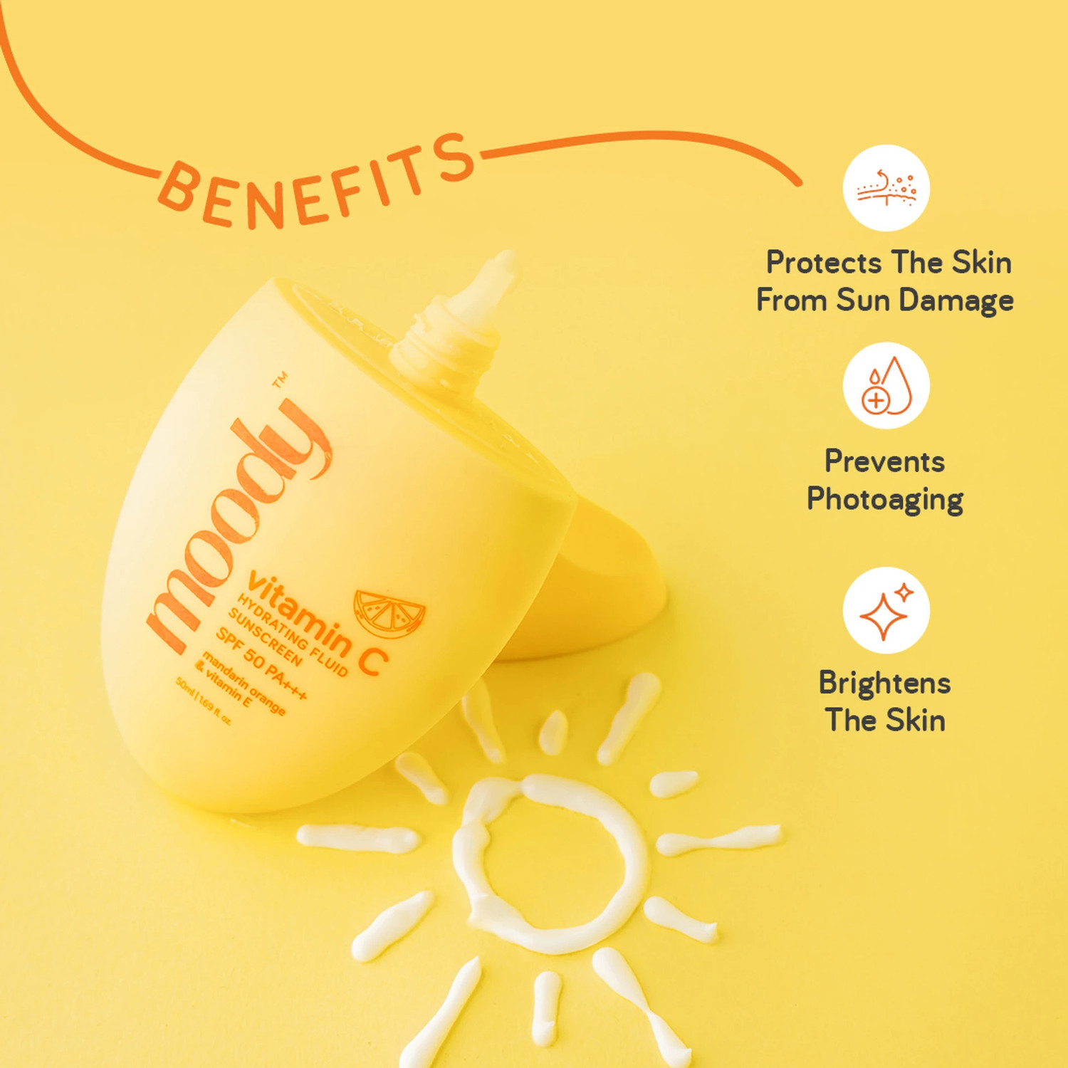 Image of MOODY Sunscreen - SPF 50 PA+++ Vitamin C Hydrating Fluid Sunscreen Mandarin Orange & Vitamin E (30 g)