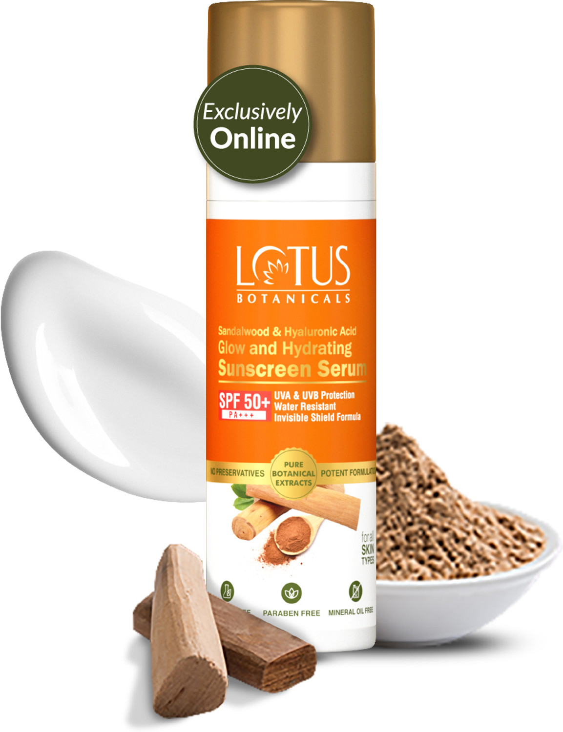 Image of Lotus Botanicals Sunscreen - SPF 50 PA+++ Sandalwood & Hyaluronic Acid Glow and Hydrating Sunscreen Serum (30 ml)
