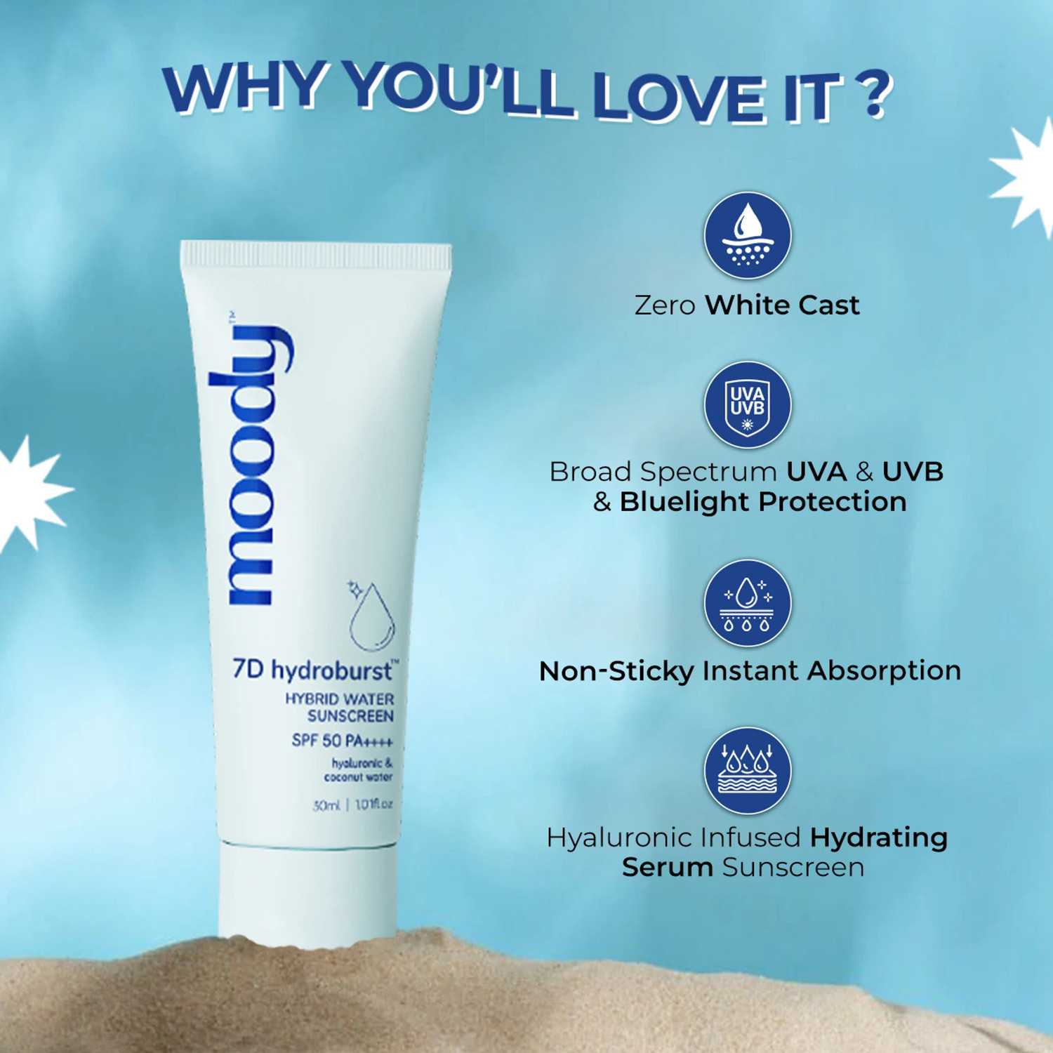 Image of MOODY Sunscreen - SPF 50 PA+++ 7D hydroburst hybrid water (30 ml)