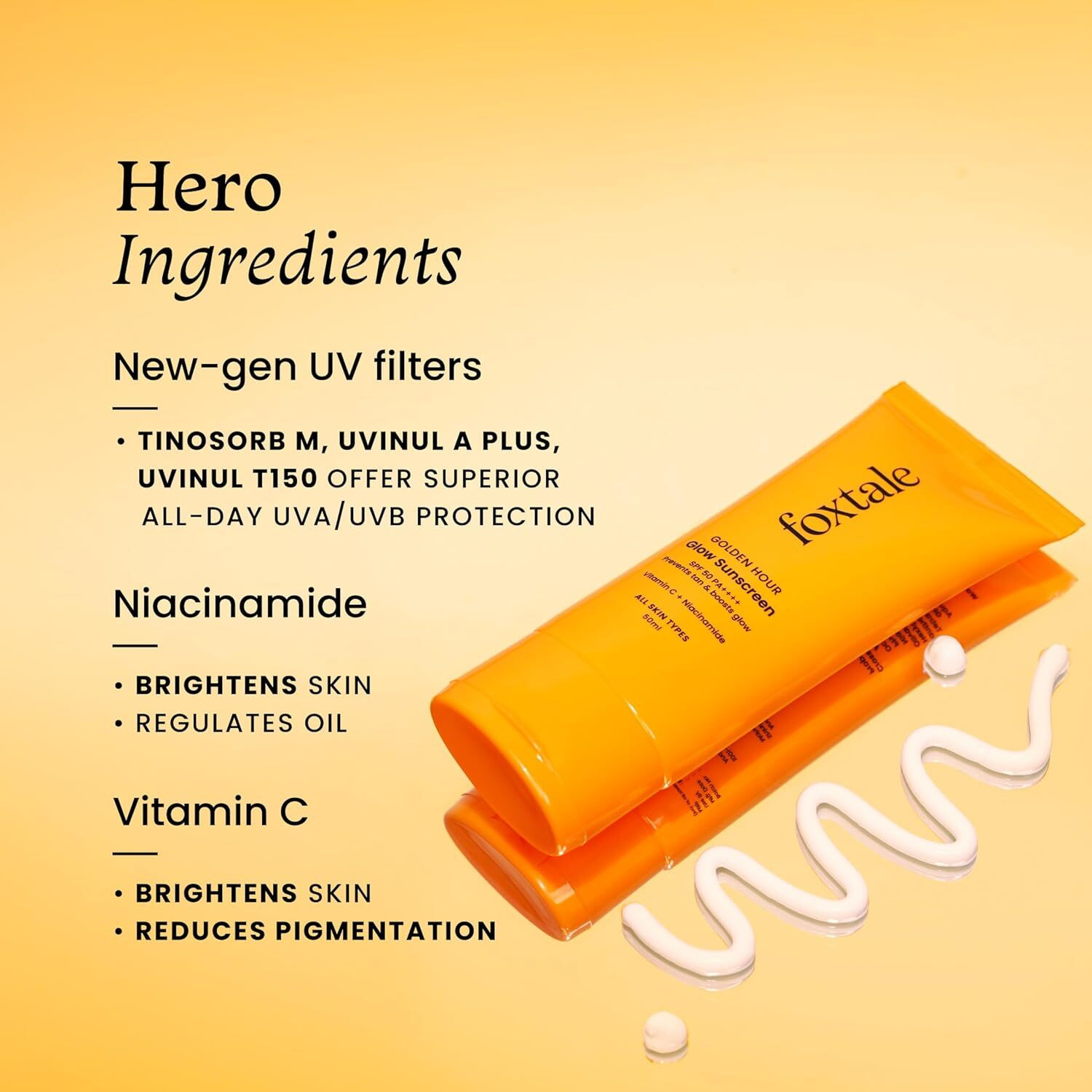 Image of Foxtale Sunscreen - SPF 50 PA++++ Gloden Hour SPF50 Glow Sunscreen PA++++ Vitamin C & Niacinamide for a Dewy Glow (50 ml)